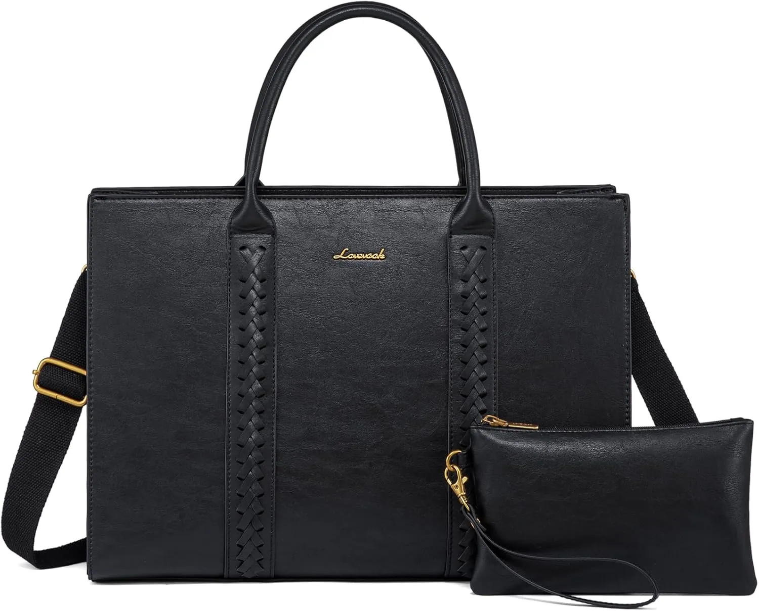 LOVEVOOK Laptop Bag for Women, Vintage Leather Work Bags, Professional Computer Bag Laptop Tote Bag, Business Handbag Office Briefcase Large Shoulder Purse, Black