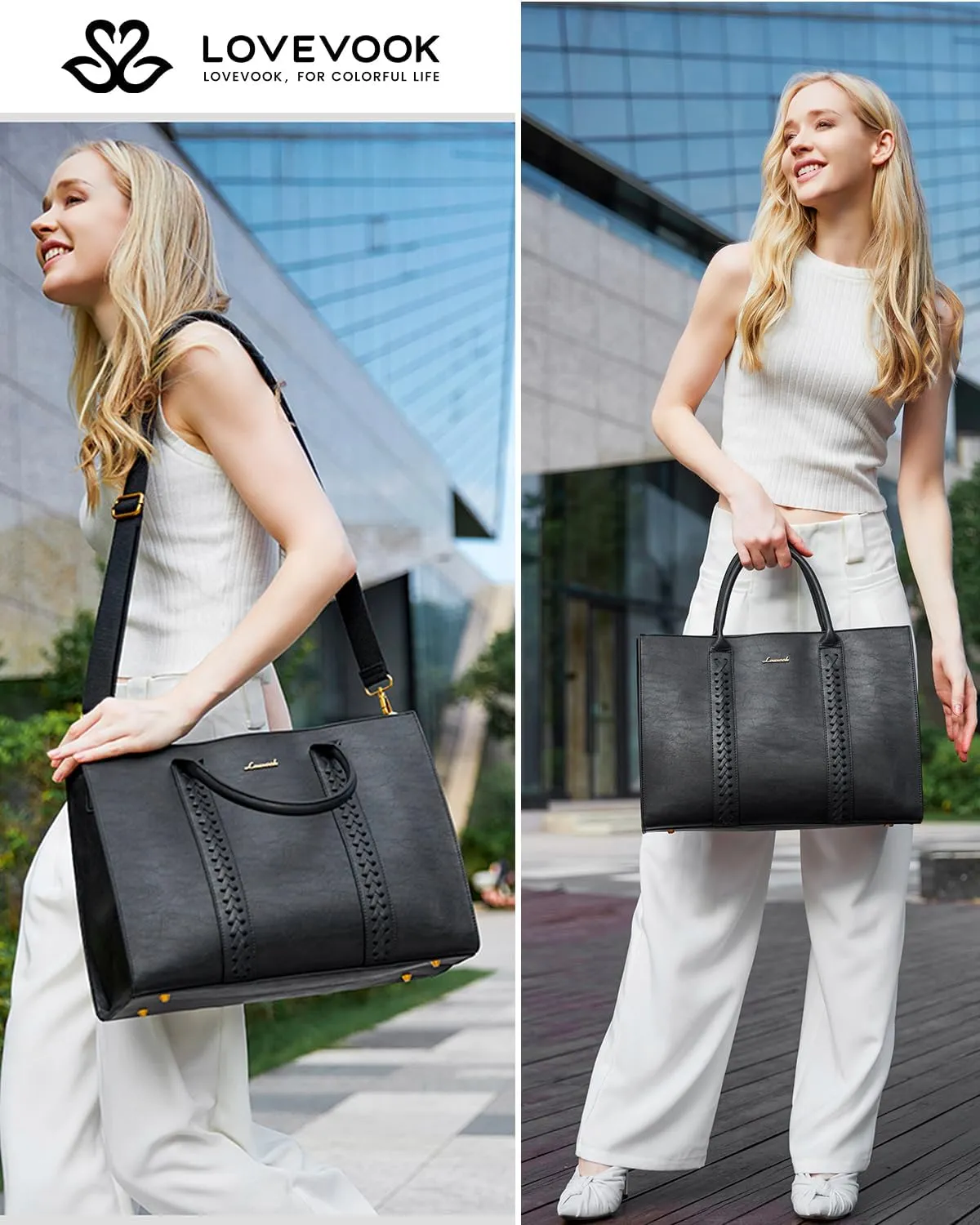 LOVEVOOK Laptop Bag for Women, Vintage Leather Work Bags, Professional Computer Bag Laptop Tote Bag, Business Handbag Office Briefcase Large Shoulder Purse, Black