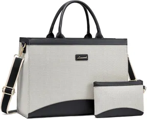 LOVEVOOK Laptop Tote Bag for Women 15.6 Inch Large Capacity Work Bag with Clutch Purse for Teacher, Jute Computer Bag for Business fits Office College Travel Black & White