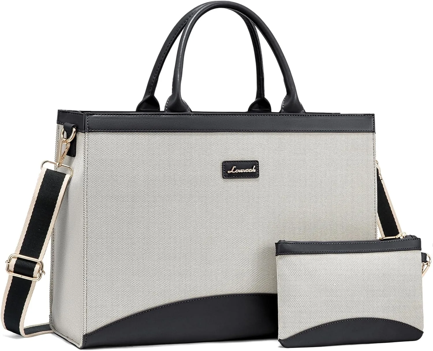 LOVEVOOK Laptop Tote Bag for Women 15.6 Inch Large Capacity Work Bag with Clutch Purse for Teacher, Jute Computer Bag for Business fits Office College Travel Black & White