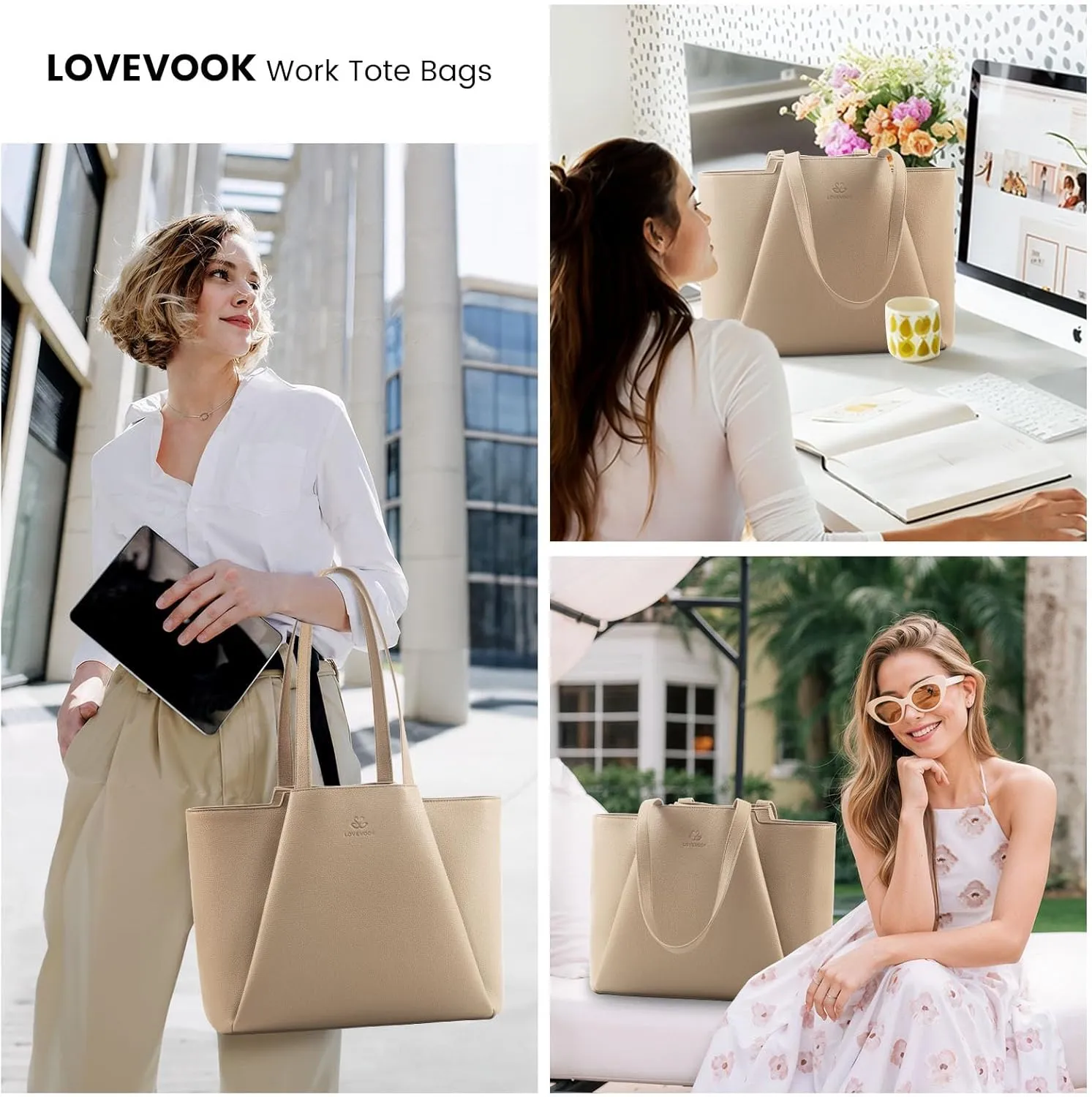LOVEVOOK Laptop Tote Bag for Women 15.6 Inch Work Bag Leather Laptop Bag with Clutch, Large Capacity Office Purse Computer Briefcase Shoulder Bag for Casual Business Travel, Sandy
