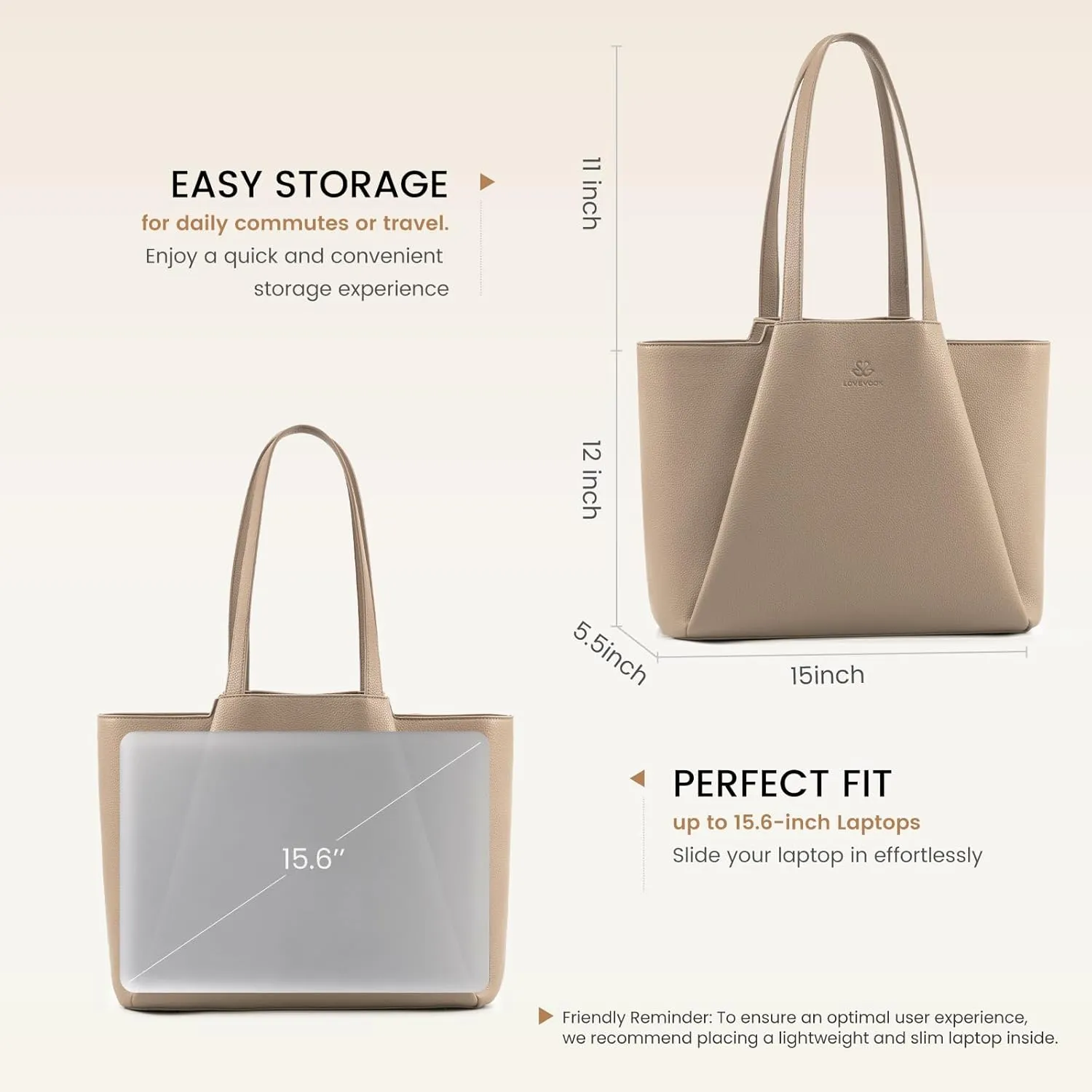 LOVEVOOK Laptop Tote Bag for Women 15.6 Inch Work Bag Leather Laptop Bag with Clutch, Large Capacity Office Purse Computer Briefcase Shoulder Bag for Casual Business Travel, Sandy