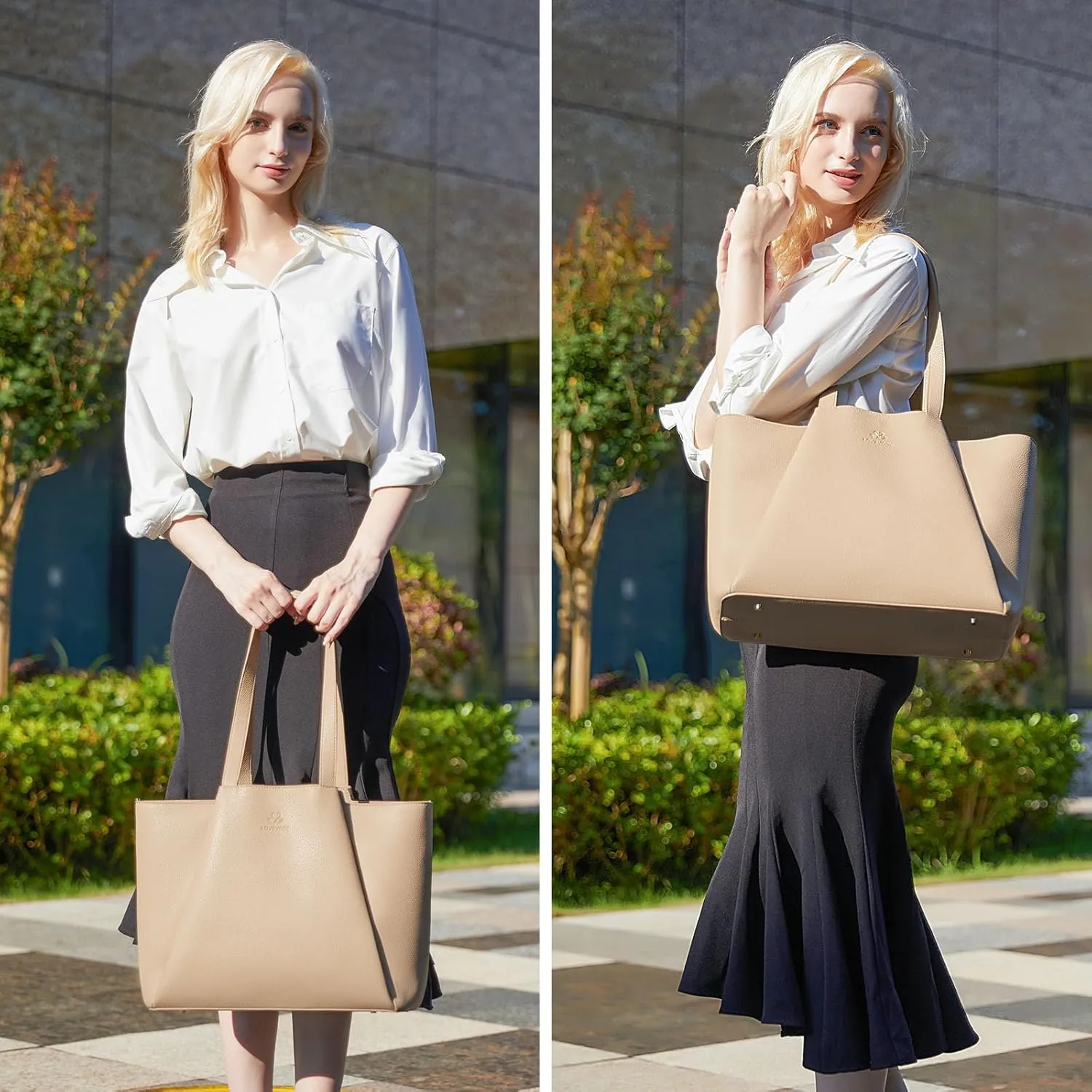 LOVEVOOK Laptop Tote Bag for Women 15.6 Inch Work Bag Leather Laptop Bag with Clutch, Large Capacity Office Purse Computer Briefcase Shoulder Bag for Casual Business Travel, Sandy