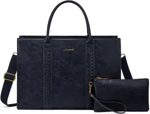 LOVEVOOK Laptop Tote Bag for Women, Vintage Leather Work Bags 15.6 inch Laptop Bag, Waterproof Computer Bag Business Office Briefcase, Dark Blue
