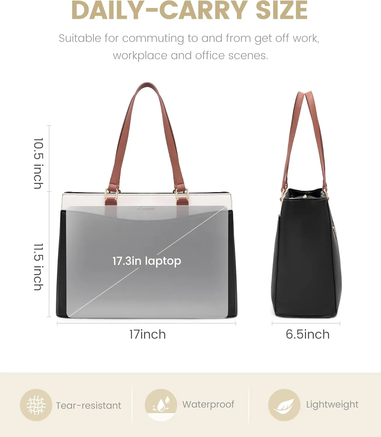 LOVEVOOK Laptop Tote Bag for Women, Work Bags Teacher Tote Bag, Waterproof Leather Computer Bag, Business Laptop Purse Office Handbag Professional Briefcase, 17 Inch, Black-Beige-Brown
