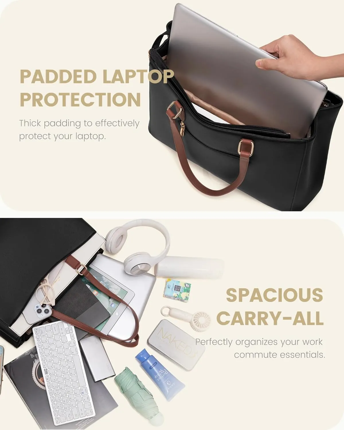 LOVEVOOK Laptop Tote Bag for Women, Work Bags Teacher Tote Bag, Waterproof Leather Computer Bag, Business Laptop Purse Office Handbag Professional Briefcase, 17 Inch, Black-Beige-Brown