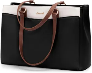 LOVEVOOK Laptop Tote Bag for Women, Work Bags Teacher Tote Bag, Waterproof Leather Computer Bag, Business Laptop Purse Office Handbag Professional Briefcase, 17 Inch, Black-Beige-Brown