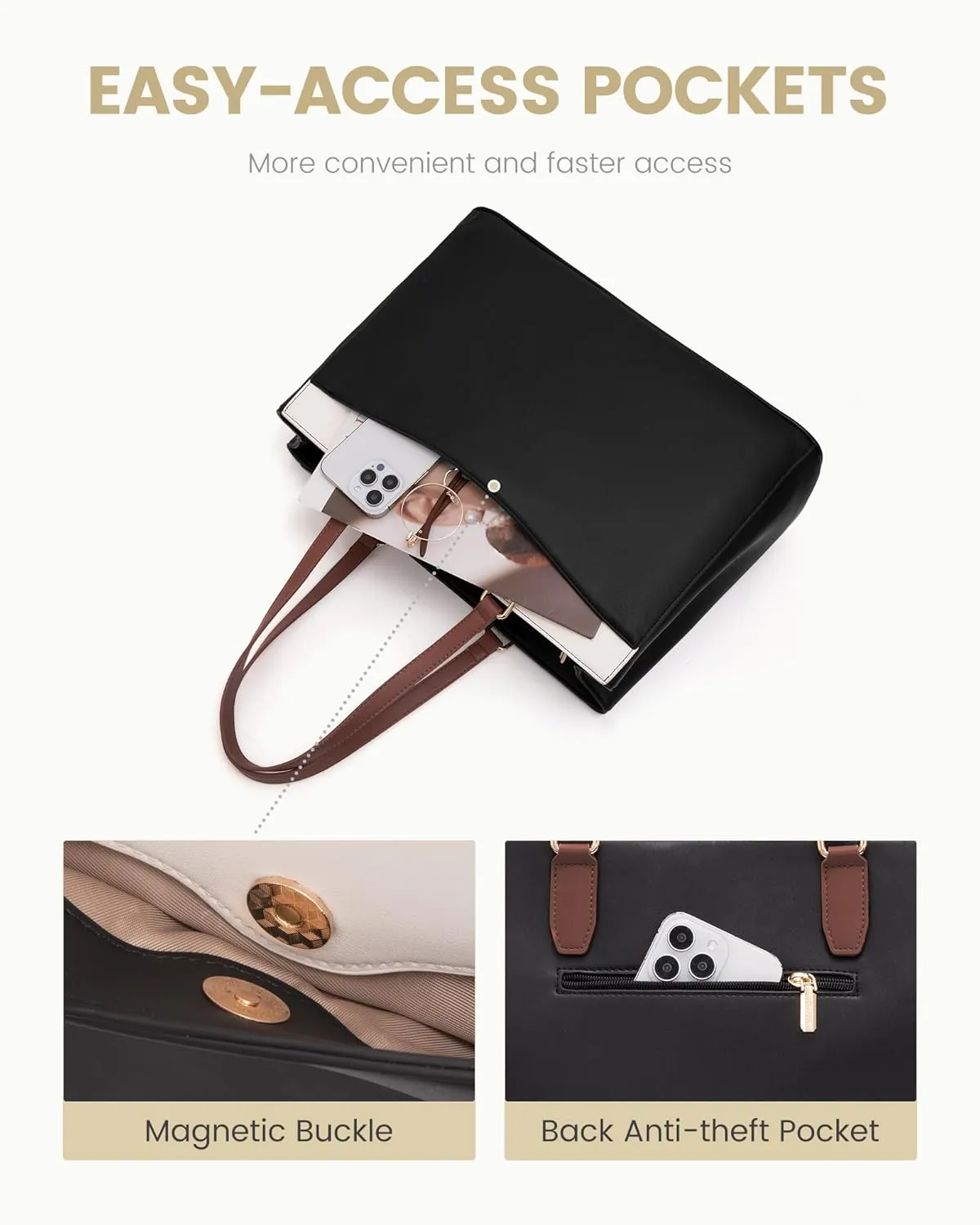 LOVEVOOK Laptop Tote Bag for Women, Work Bags Teacher Tote Bag, Waterproof Leather Computer Bag, Business Laptop Purse Office Handbag Professional Briefcase, 17 Inch, Black-Beige-Brown