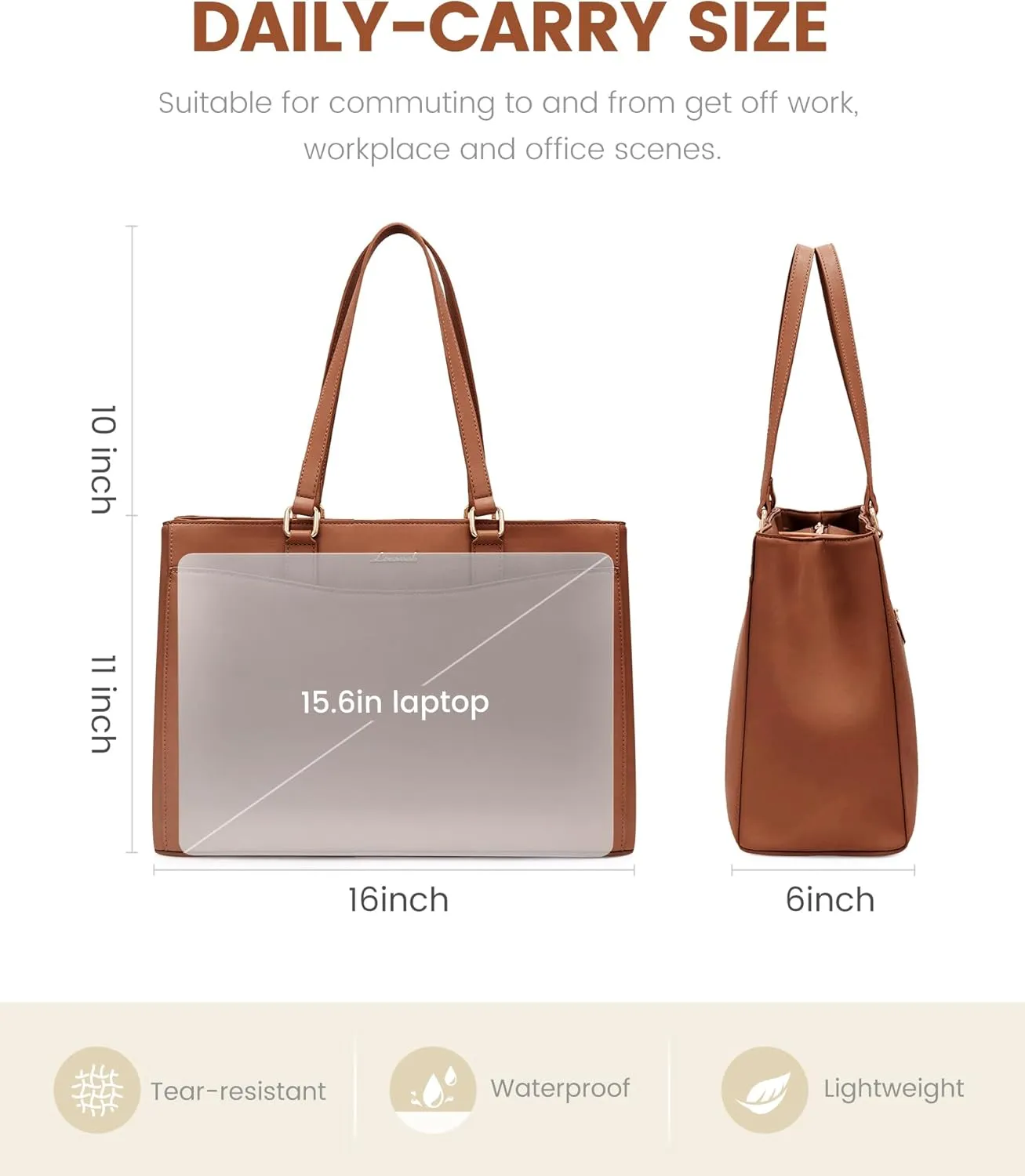 LOVEVOOK Tote Bag for Women Work, Laptop Bag Teacher Tote Bags, Waterproof Leather Computer Bag, Business Laptop Purse Office Handbag Professional Briefcase, 15.6 Inch, Brown