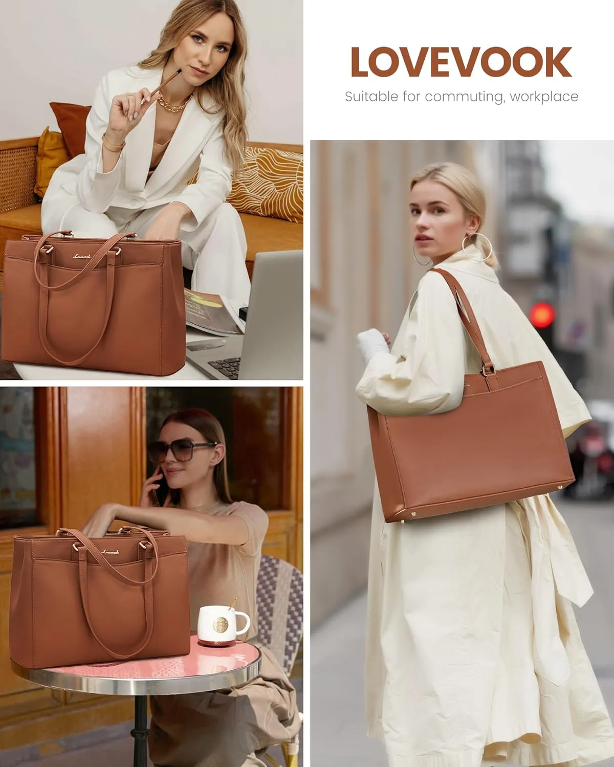 LOVEVOOK Tote Bag for Women Work, Laptop Bag Teacher Tote Bags, Waterproof Leather Computer Bag, Business Laptop Purse Office Handbag Professional Briefcase, 15.6 Inch, Brown