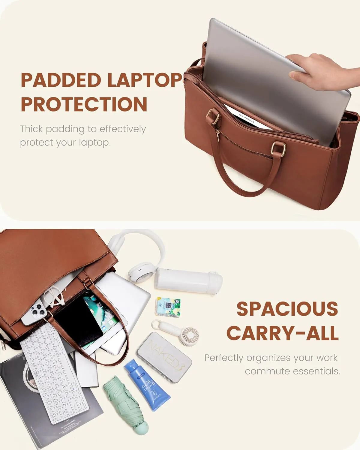 LOVEVOOK Tote Bag for Women Work, Laptop Bag Teacher Tote Bags, Waterproof Leather Computer Bag, Business Laptop Purse Office Handbag Professional Briefcase, 15.6 Inch, Brown