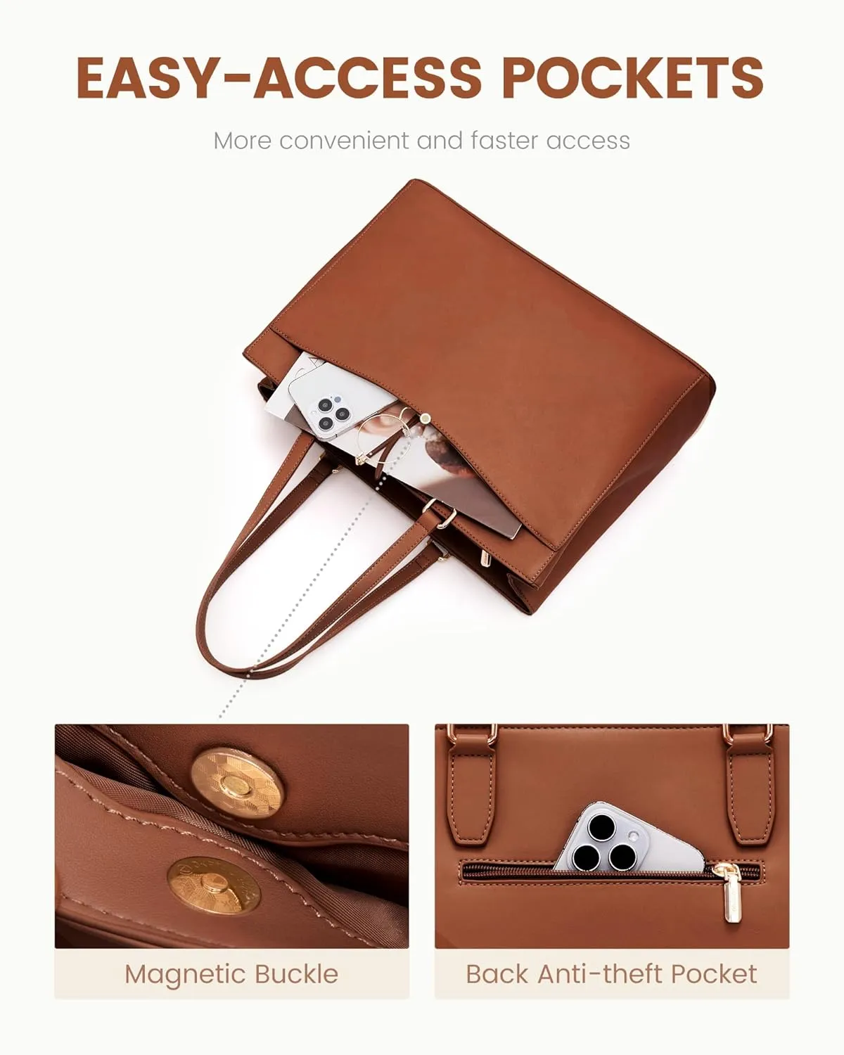 LOVEVOOK Tote Bag for Women Work, Laptop Bag Teacher Tote Bags, Waterproof Leather Computer Bag, Business Laptop Purse Office Handbag Professional Briefcase, 15.6 Inch, Brown