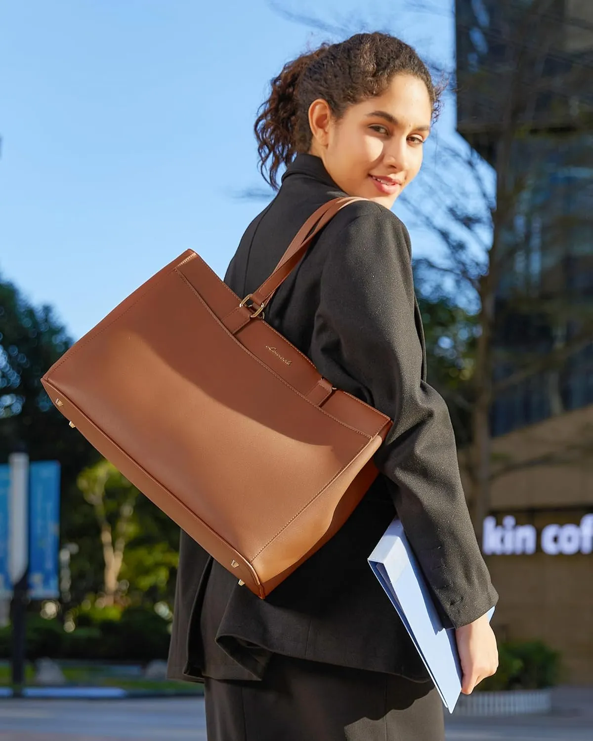 LOVEVOOK Tote Bag for Women Work, Laptop Bag Teacher Tote Bags, Waterproof Leather Computer Bag, Business Laptop Purse Office Handbag Professional Briefcase, 15.6 Inch, Brown
