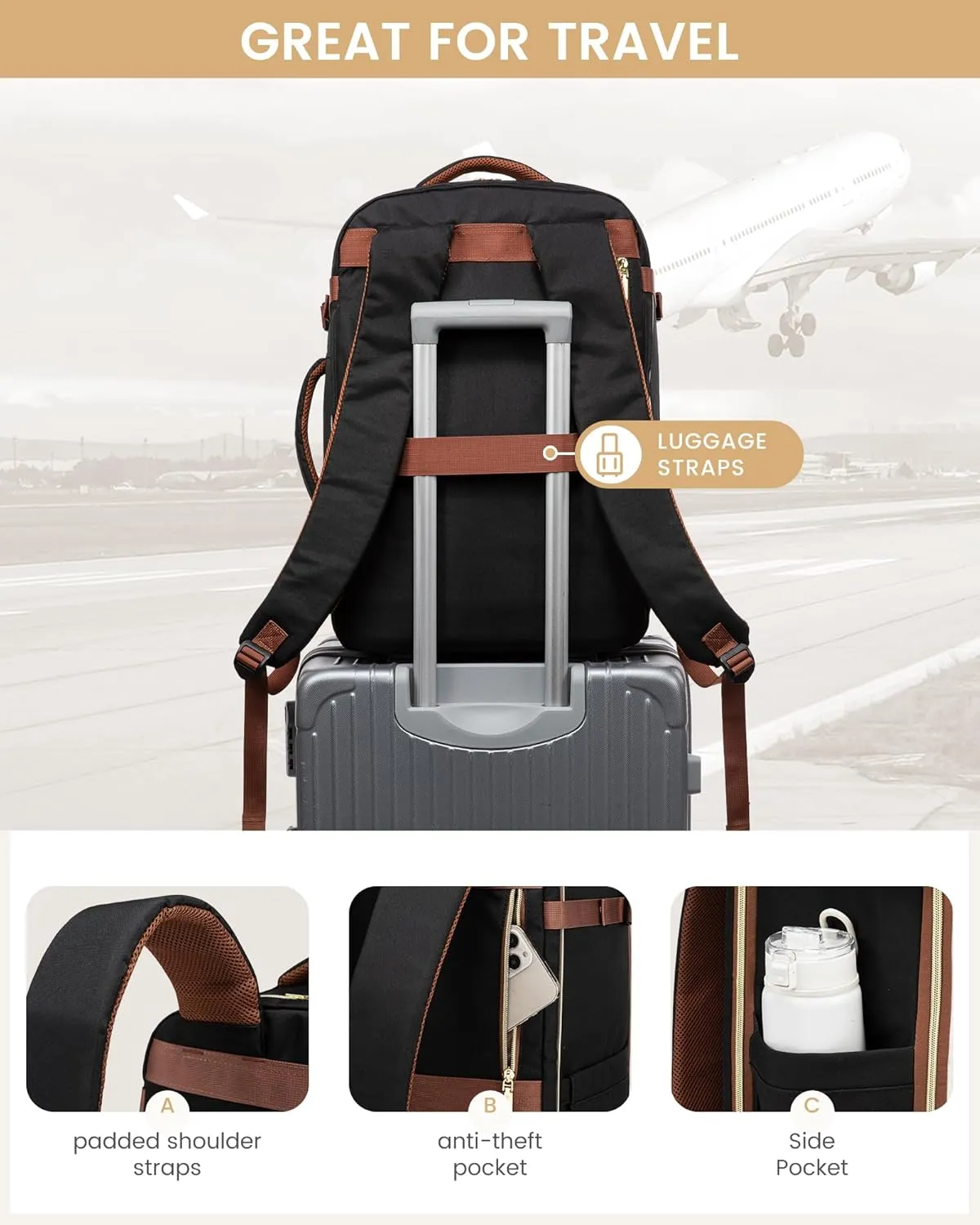 LOVEVOOK Travel Essentials Carry on Backpack 50L Travels Backpack for Women,Waterproof TSA Personal Item Travels Bag Airline Flight Approved,Large Carry on Luggage Laptop Backpack with Packing Cubes