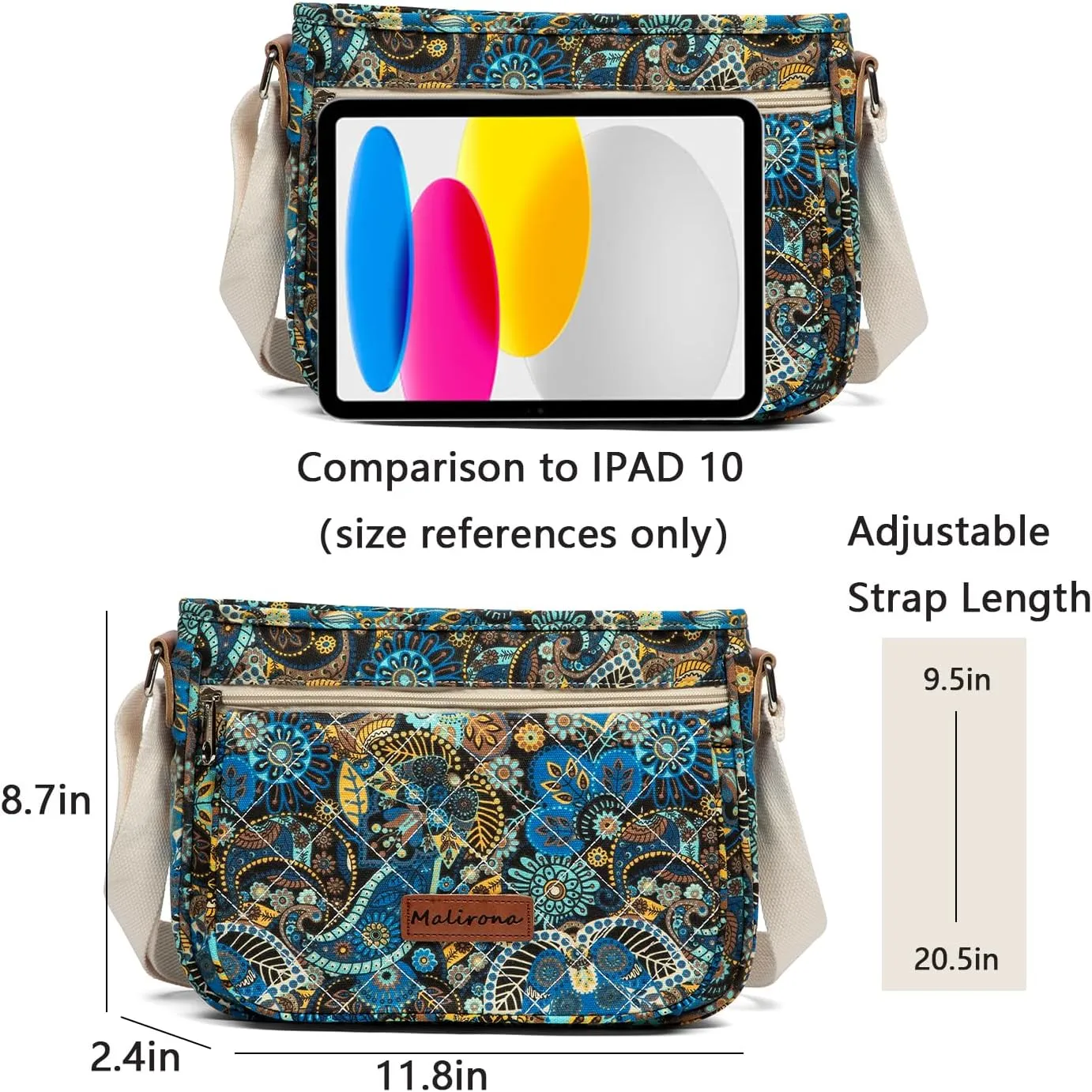 Malirona Women 's Durable Floral Crossbody Bag Canvas Messenger Handbag Multi Pocket Travel Satchel Purse