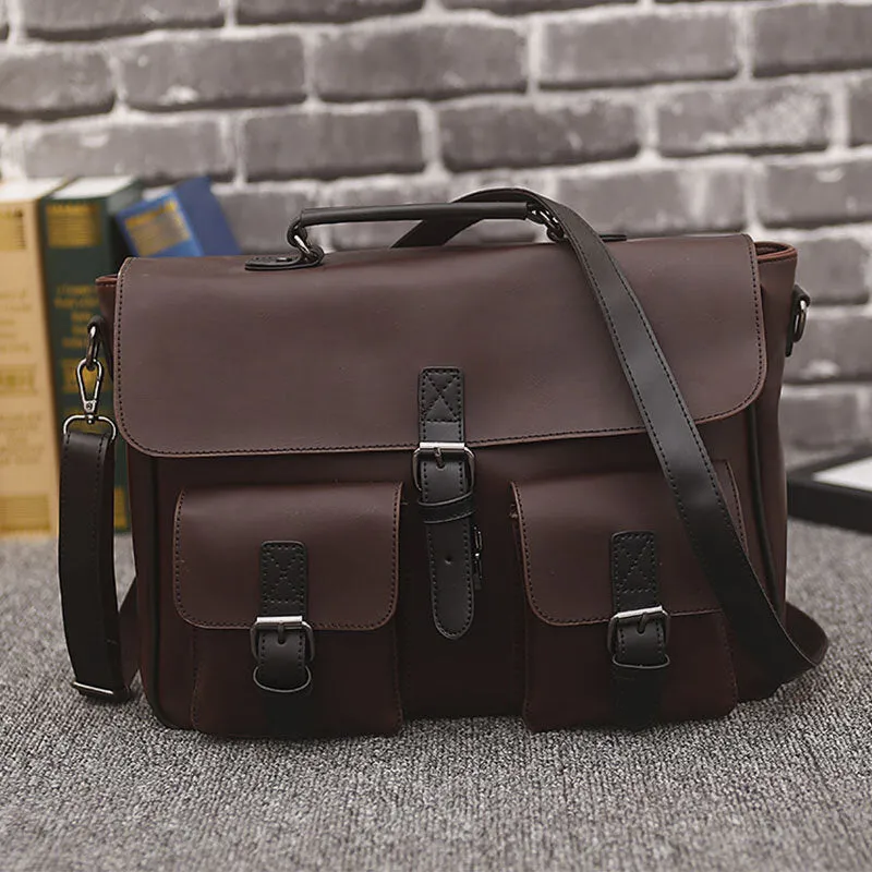 Men Vintage Double Front Pocket Large Capacity Handbag Teacher Tote Bag Casual Travel 14 Inch Laptop Bag Crossbody Shoulder Bags