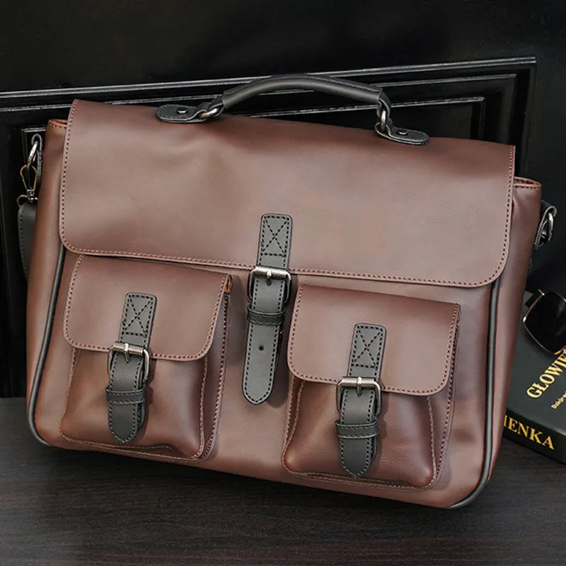 Men Vintage Double Front Pocket Large Capacity Handbag Teacher Tote Bag Casual Travel 14 Inch Laptop Bag Crossbody Shoulder Bags