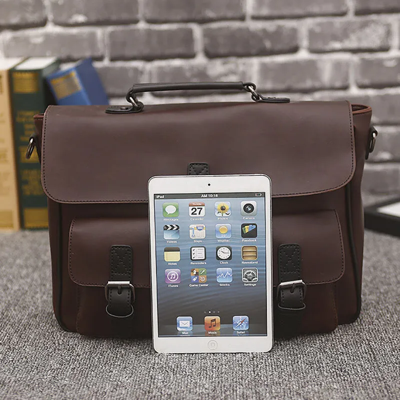 Men Vintage Double Front Pocket Large Capacity Handbag Teacher Tote Bag Casual Travel 14 Inch Laptop Bag Crossbody Shoulder Bags