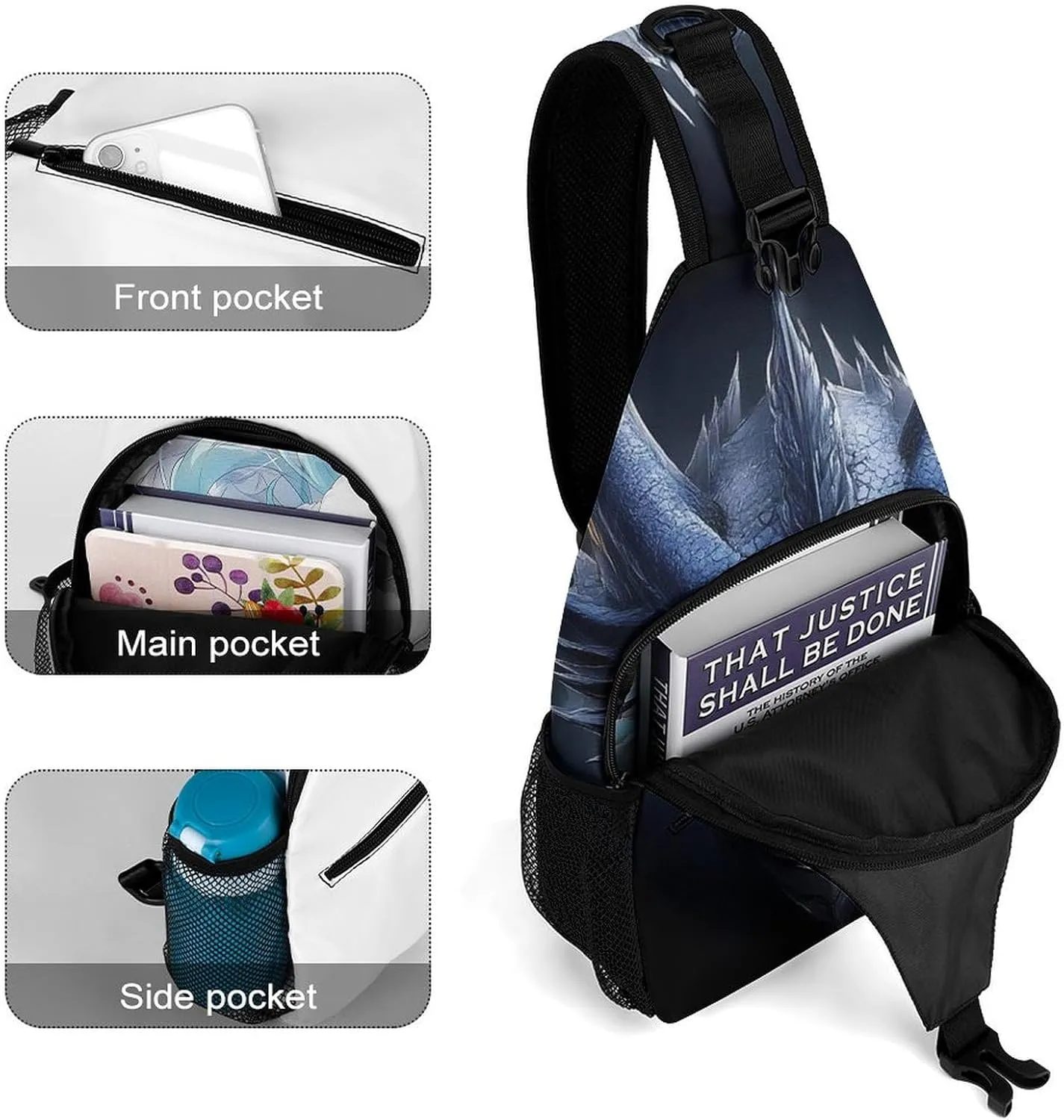 Men Women Crossbody Sling Bag Casual Chest Bag with Adjustable Shoulder Strap Cool Dragon Fantasy Art Large Capacity Hiking Gym Daypack