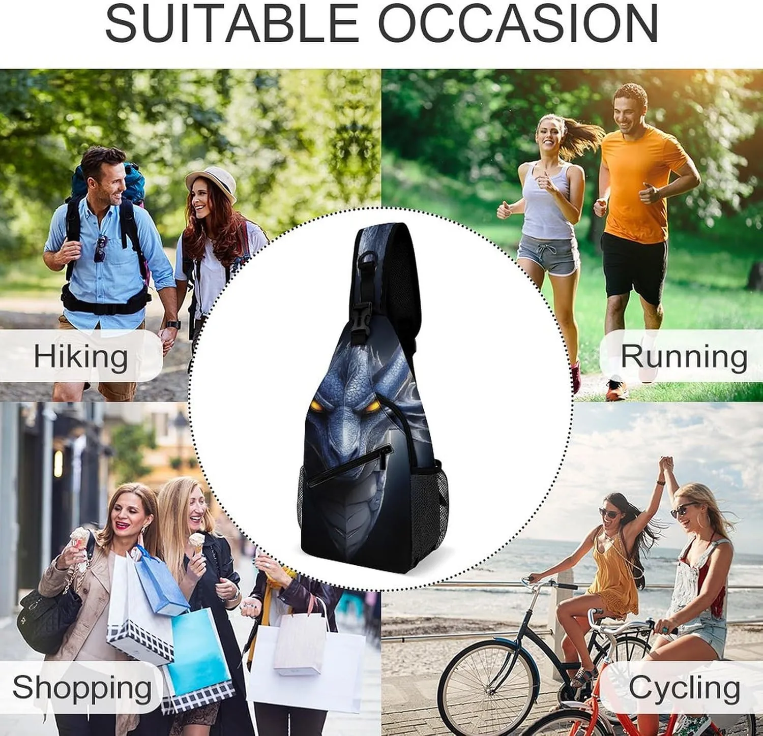 Men Women Crossbody Sling Bag Casual Chest Bag with Adjustable Shoulder Strap Cool Dragon Fantasy Art Large Capacity Hiking Gym Daypack