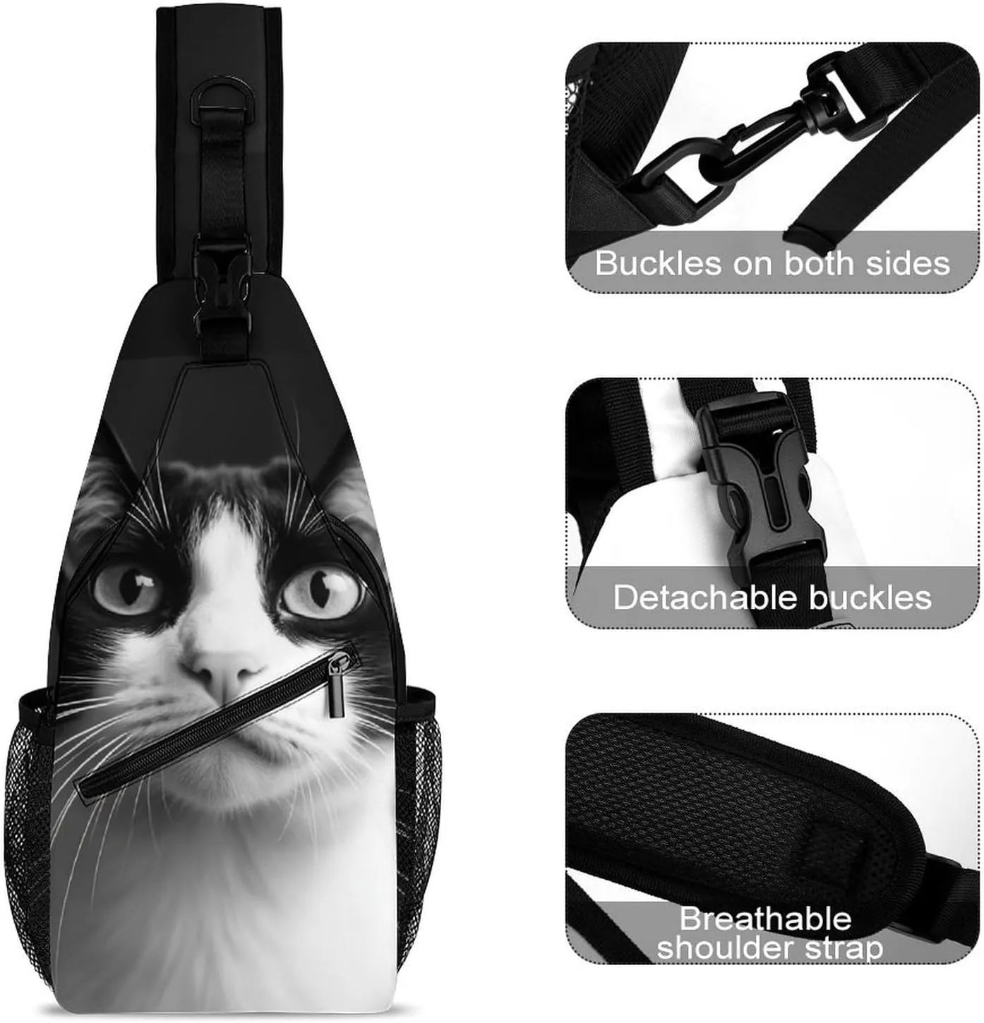 Mens Crossbody Shoulder Bag, Large Capacity Sling Bag with Adjustable Strap White And Black Cat Causal Chest Daypack for Sport Gym Hiking