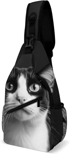 Mens Crossbody Shoulder Bag, Large Capacity Sling Bag with Adjustable Strap White And Black Cat Causal Chest Daypack for Sport Gym Hiking
