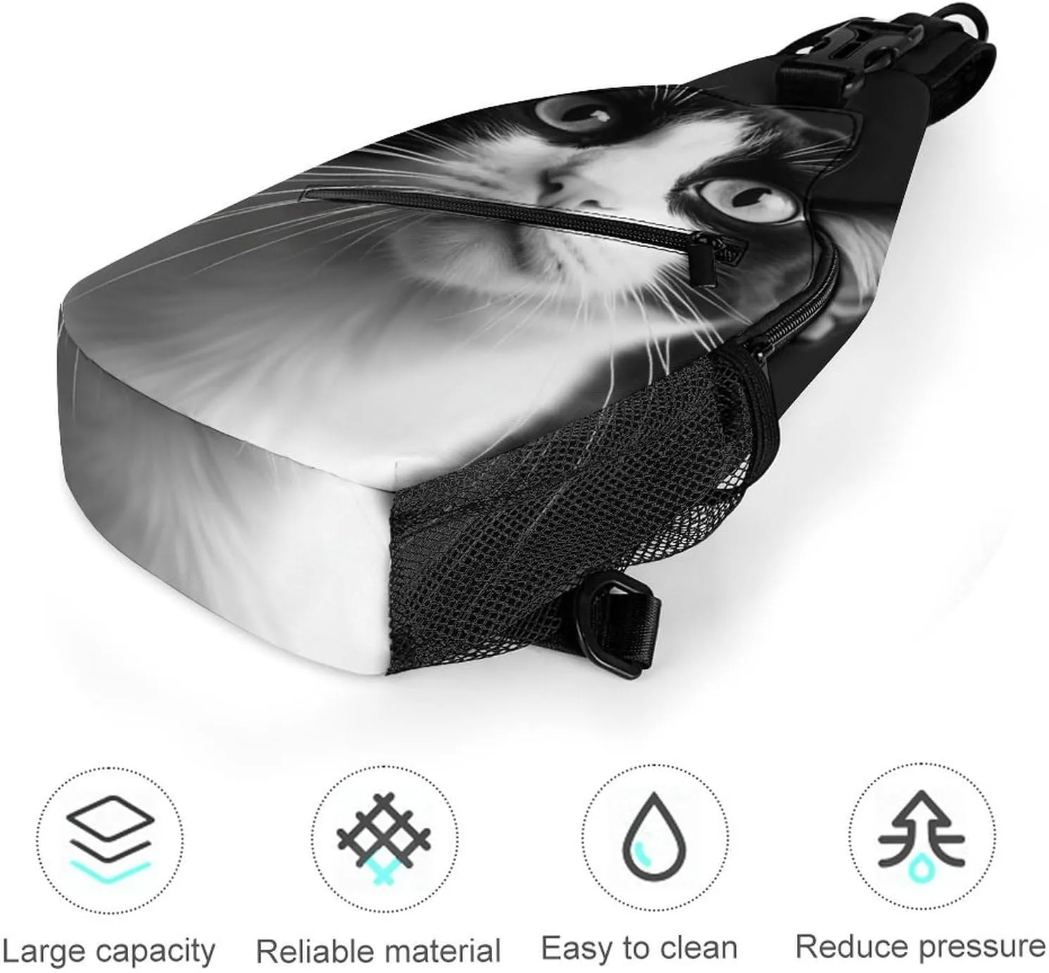 Mens Crossbody Shoulder Bag, Large Capacity Sling Bag with Adjustable Strap White And Black Cat Causal Chest Daypack for Sport Gym Hiking