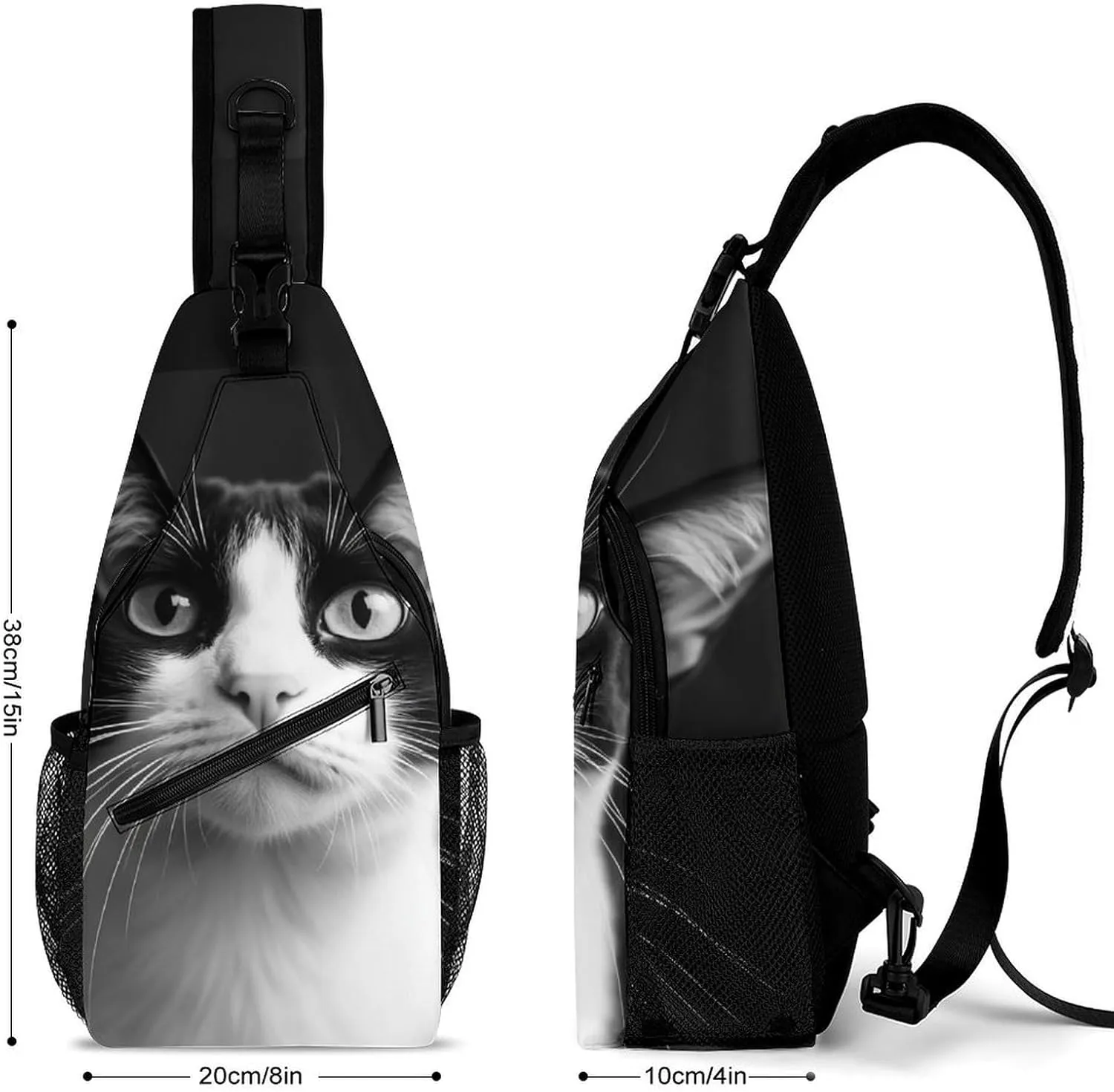 Mens Crossbody Shoulder Bag, Large Capacity Sling Bag with Adjustable Strap White And Black Cat Causal Chest Daypack for Sport Gym Hiking