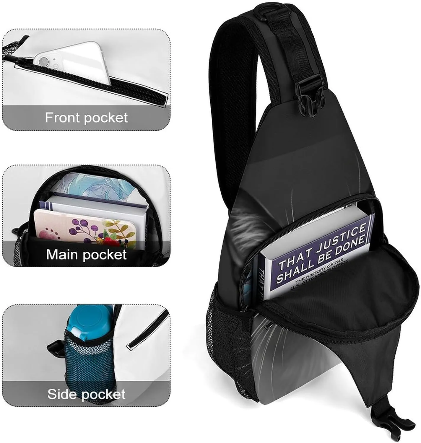 Mens Crossbody Shoulder Bag, Large Capacity Sling Bag with Adjustable Strap White And Black Cat Causal Chest Daypack for Sport Gym Hiking