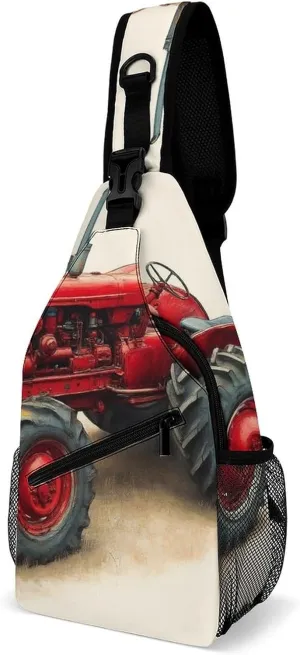 Mens Crossbody Sling Bag Chest Backpack with Adjustable Shoulder Strap Fanny Pack Gym Bag Country Farm Red Tractor Shoulder Daypack