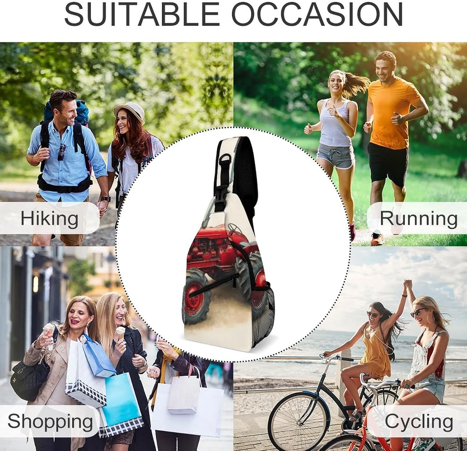 Mens Crossbody Sling Bag Chest Backpack with Adjustable Shoulder Strap Fanny Pack Gym Bag Country Farm Red Tractor Shoulder Daypack