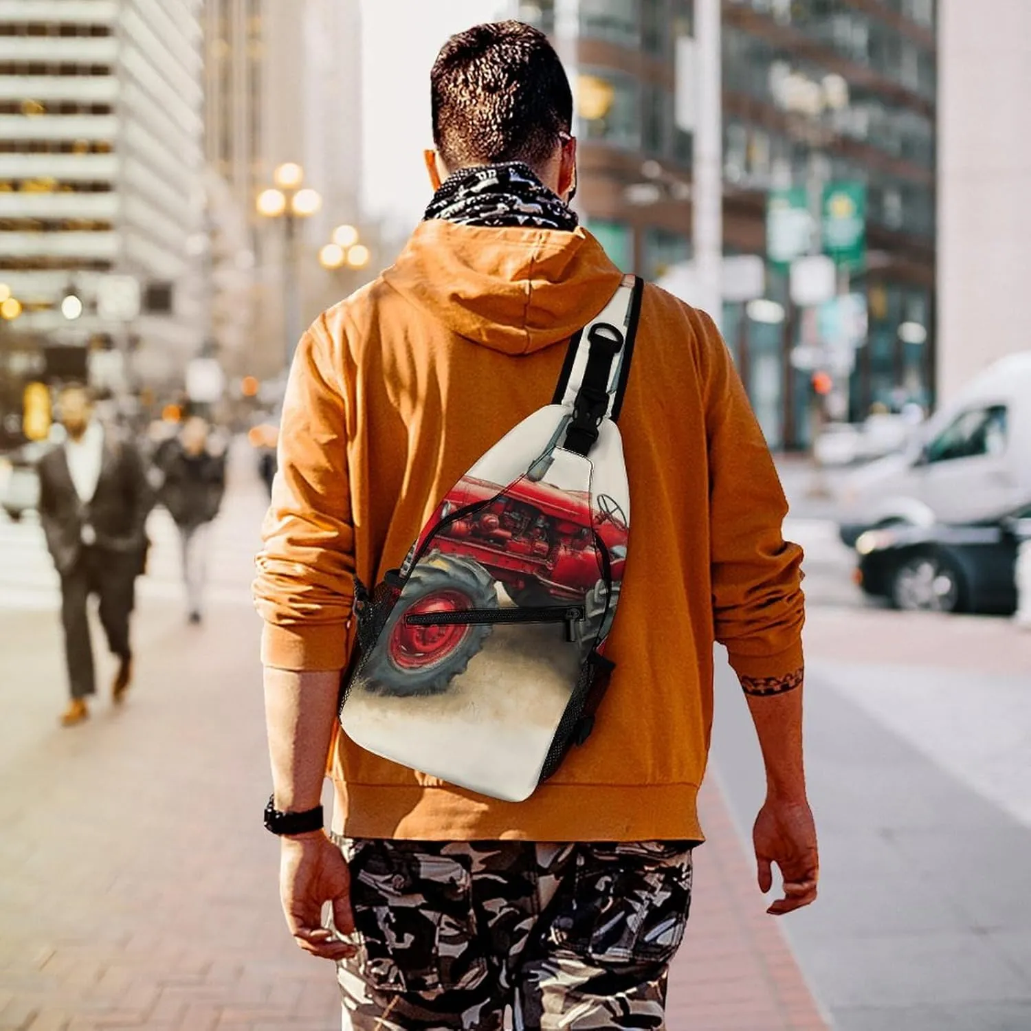 Mens Crossbody Sling Bag Chest Backpack with Adjustable Shoulder Strap Fanny Pack Gym Bag Country Farm Red Tractor Shoulder Daypack