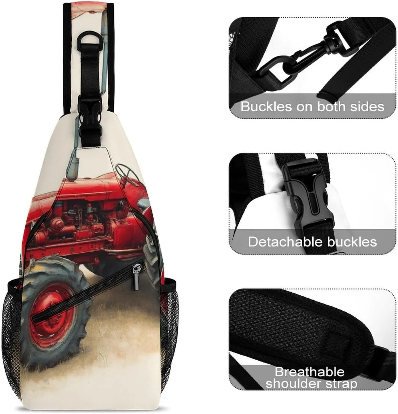 Mens Crossbody Sling Bag Chest Backpack with Adjustable Shoulder Strap Fanny Pack Gym Bag Country Farm Red Tractor Shoulder Daypack