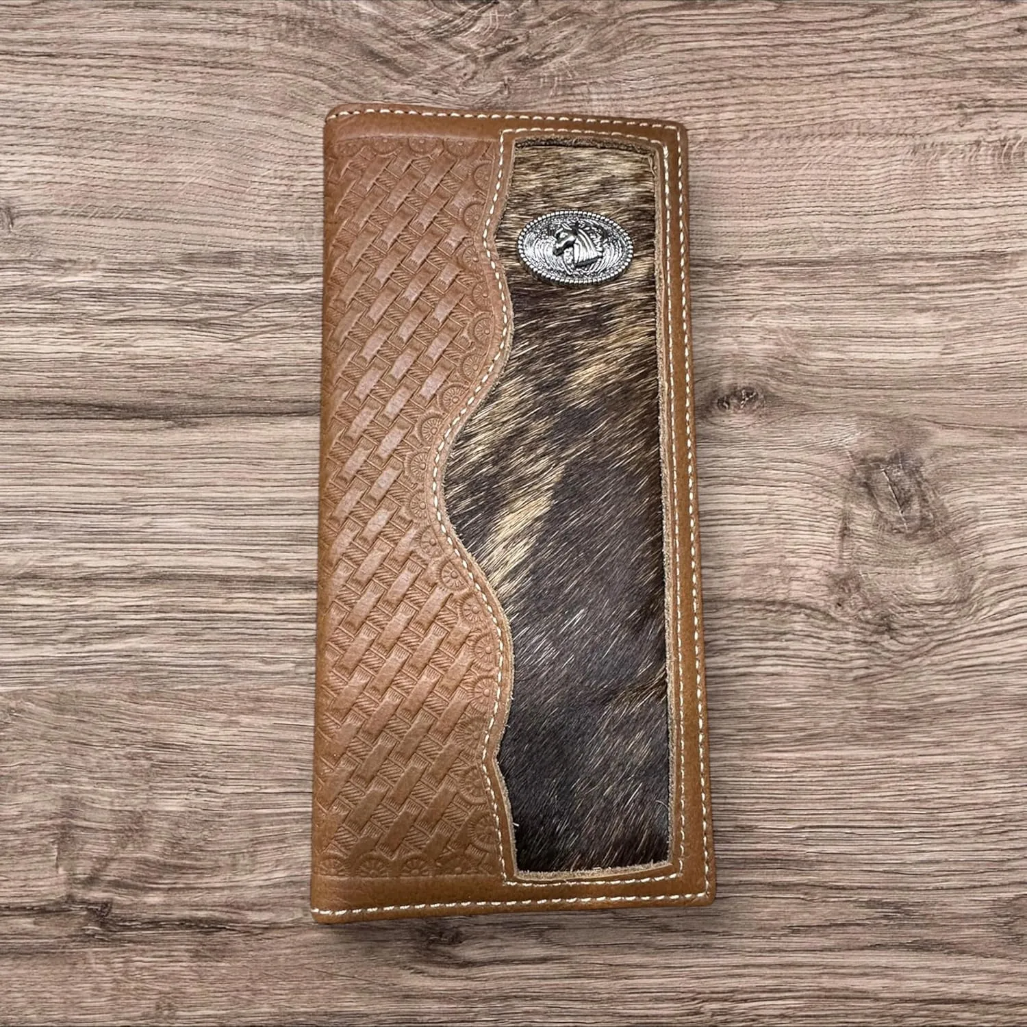 Mens Leather Wallet Basketweave Cowboy Horse Concho Cowhair Cowboy Western Leather Wallet High End Mens Wallets Leather Bull Rider Rodeo Gifts For Men (Brown)