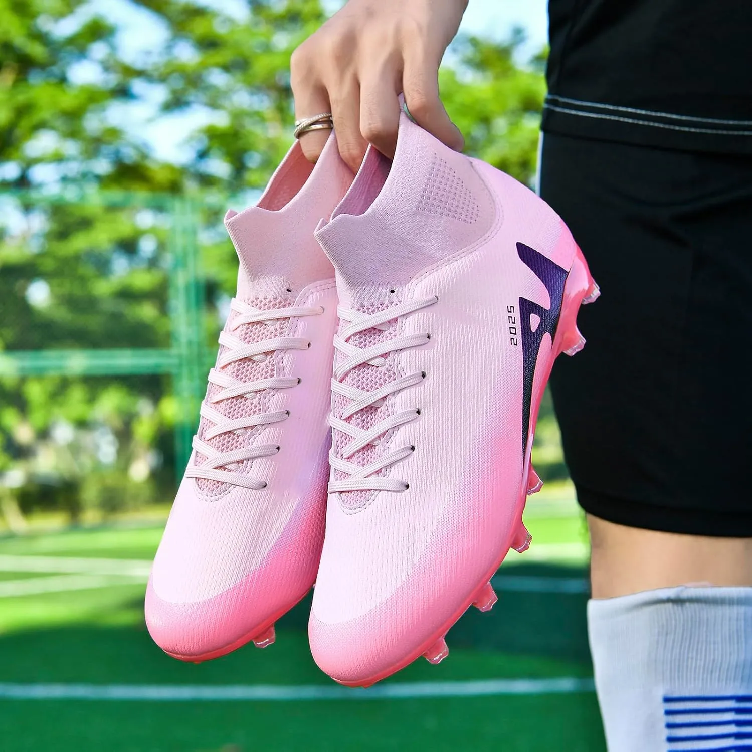 Men's Soccer Shoes High-Tops Lace-Up Non-Slip Spikes Indoor Football Futsal TF Turf Cleats