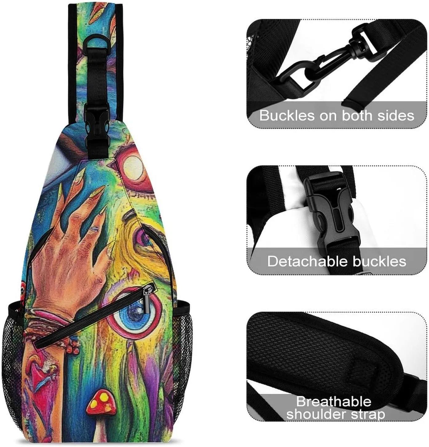 Mens Travel Crossbody Sling Backpack Colorful Trippy Acid Eyes Art Gym Chest Bag Large Capacity Shoulder Bag Casual Daypack for Sport Hiking