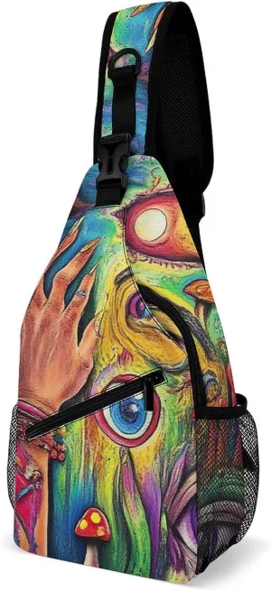 Mens Travel Crossbody Sling Backpack Colorful Trippy Acid Eyes Art Gym Chest Bag Large Capacity Shoulder Bag Casual Daypack for Sport Hiking