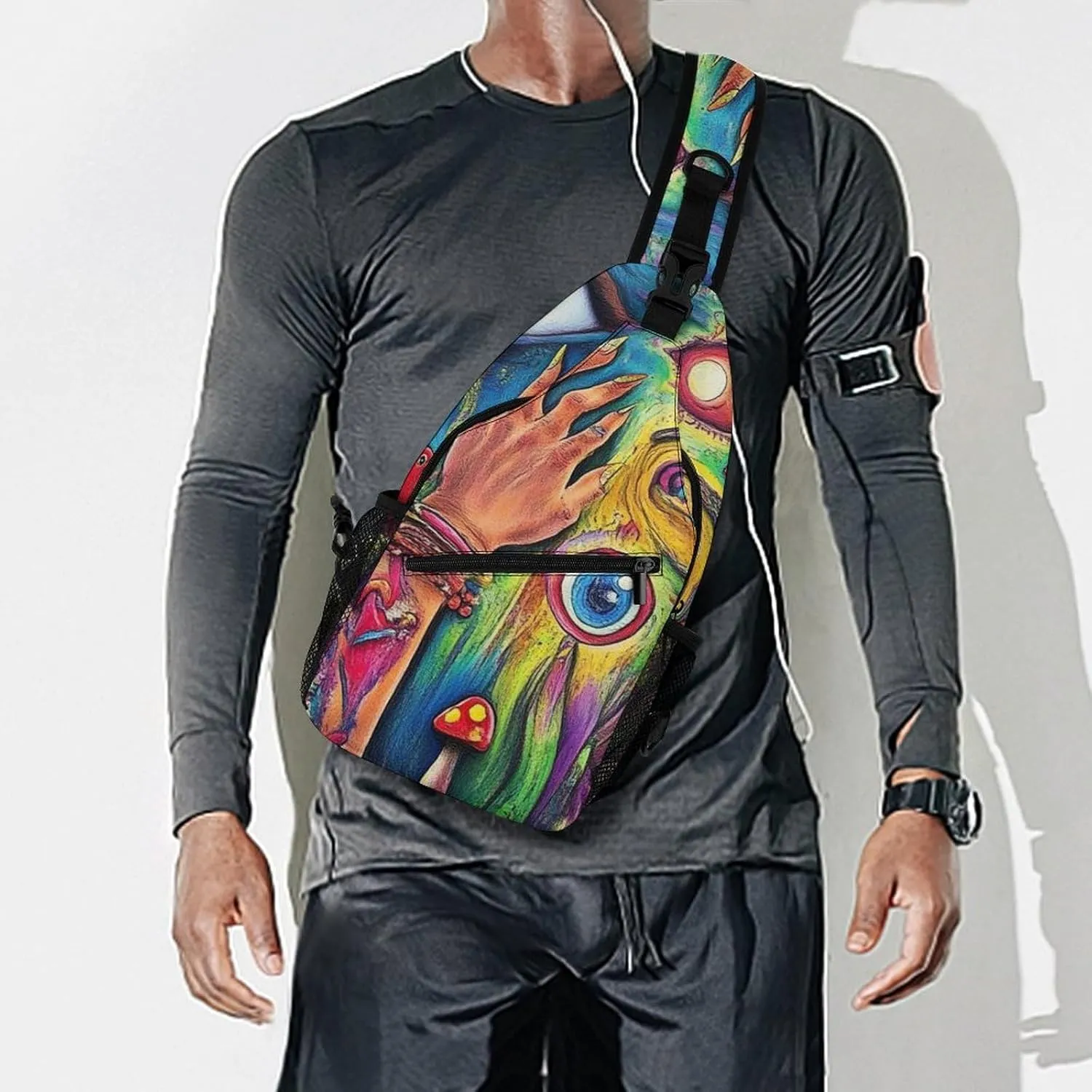 Mens Travel Crossbody Sling Backpack Colorful Trippy Acid Eyes Art Gym Chest Bag Large Capacity Shoulder Bag Casual Daypack for Sport Hiking