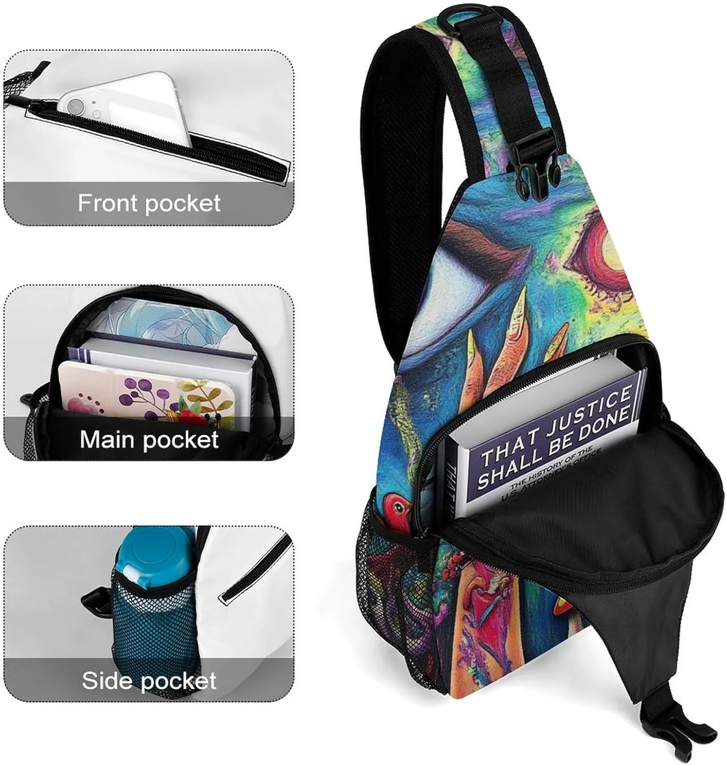 Mens Travel Crossbody Sling Backpack Colorful Trippy Acid Eyes Art Gym Chest Bag Large Capacity Shoulder Bag Casual Daypack for Sport Hiking