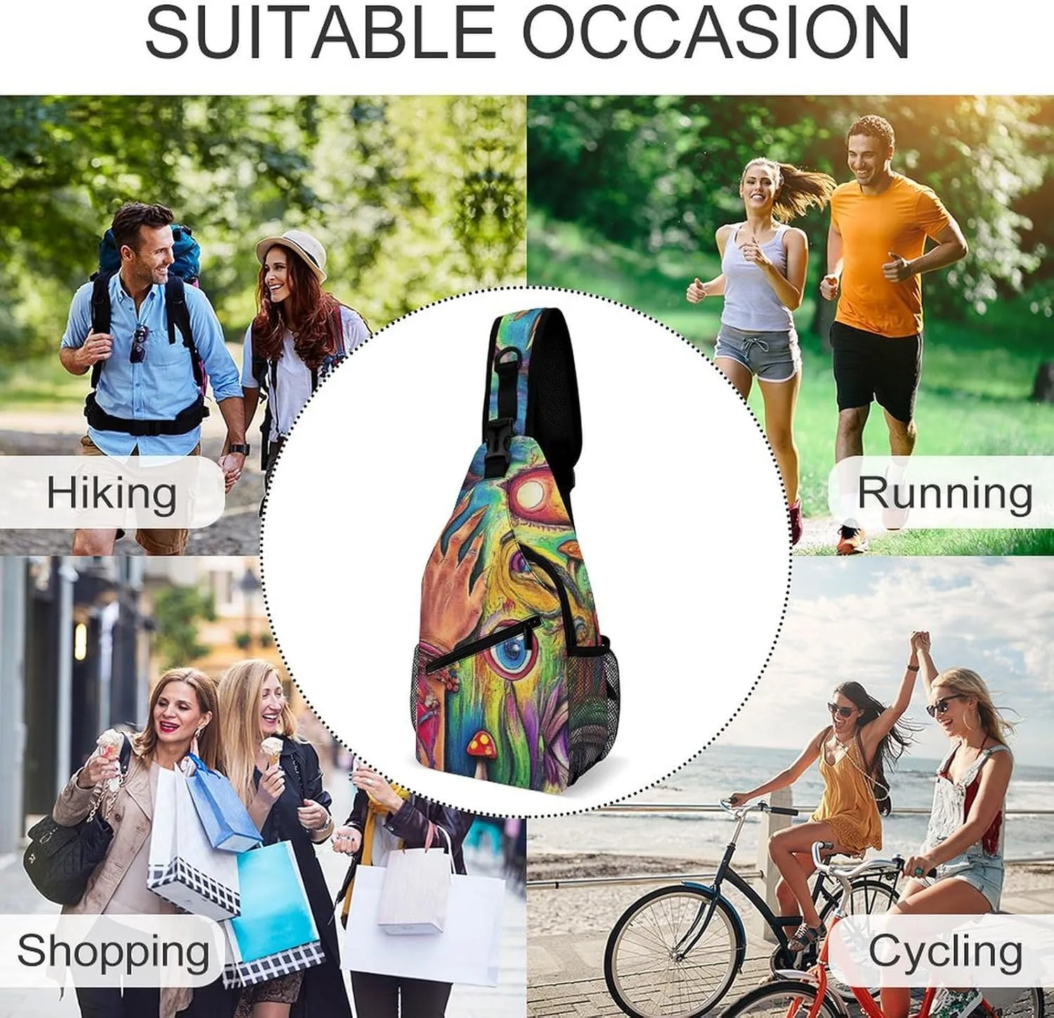 Mens Travel Crossbody Sling Backpack Colorful Trippy Acid Eyes Art Gym Chest Bag Large Capacity Shoulder Bag Casual Daypack for Sport Hiking