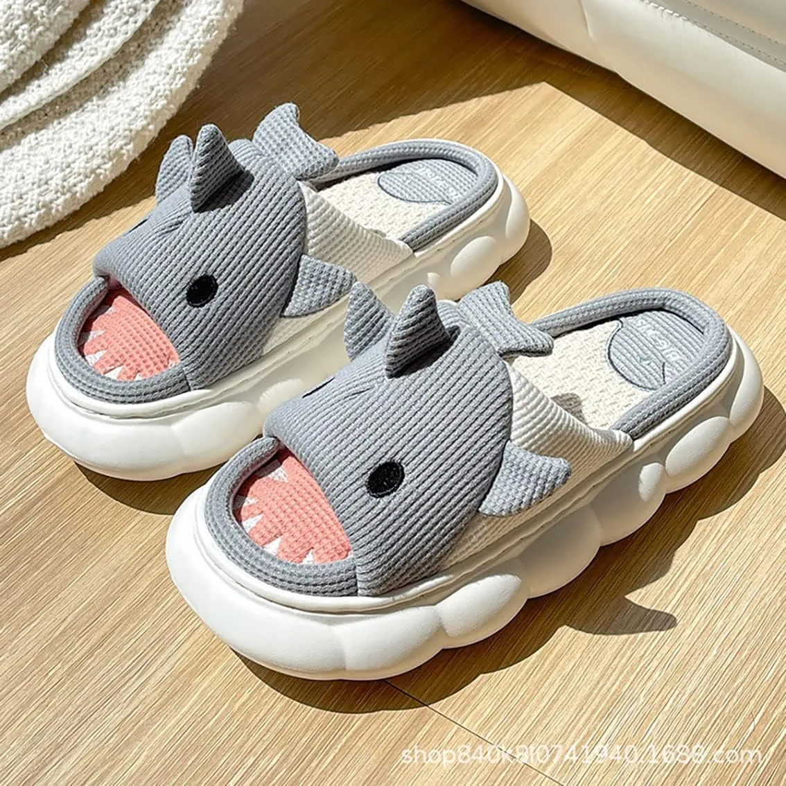 Men's Women's Linen Thick-Soled Cow Slippers, Linen Shark Slippers, Rabbit Linen Slippers, Linen Whale Thick-Soled Slippers Cloud Slide Hug Pillow Sandals