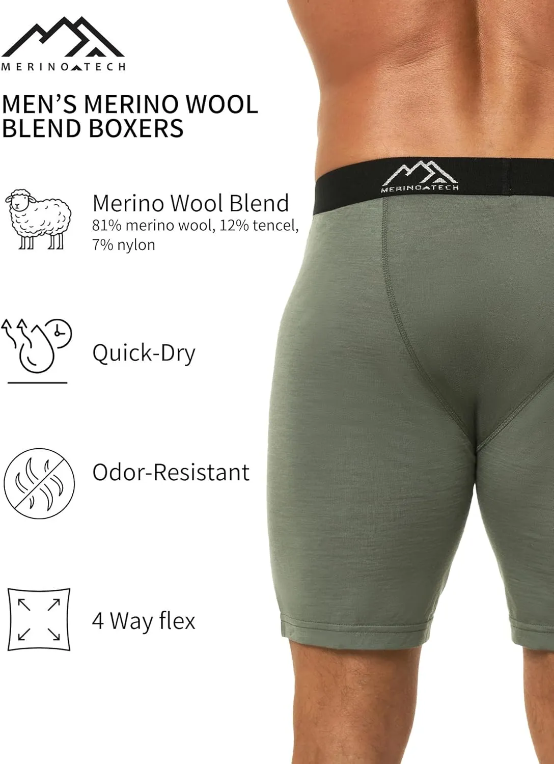 Merino.tech Merino Wool Boxer Briefs Men - Merino Wool Underwear Breathable Dry Fit Comfy Sports Base Layer for Men