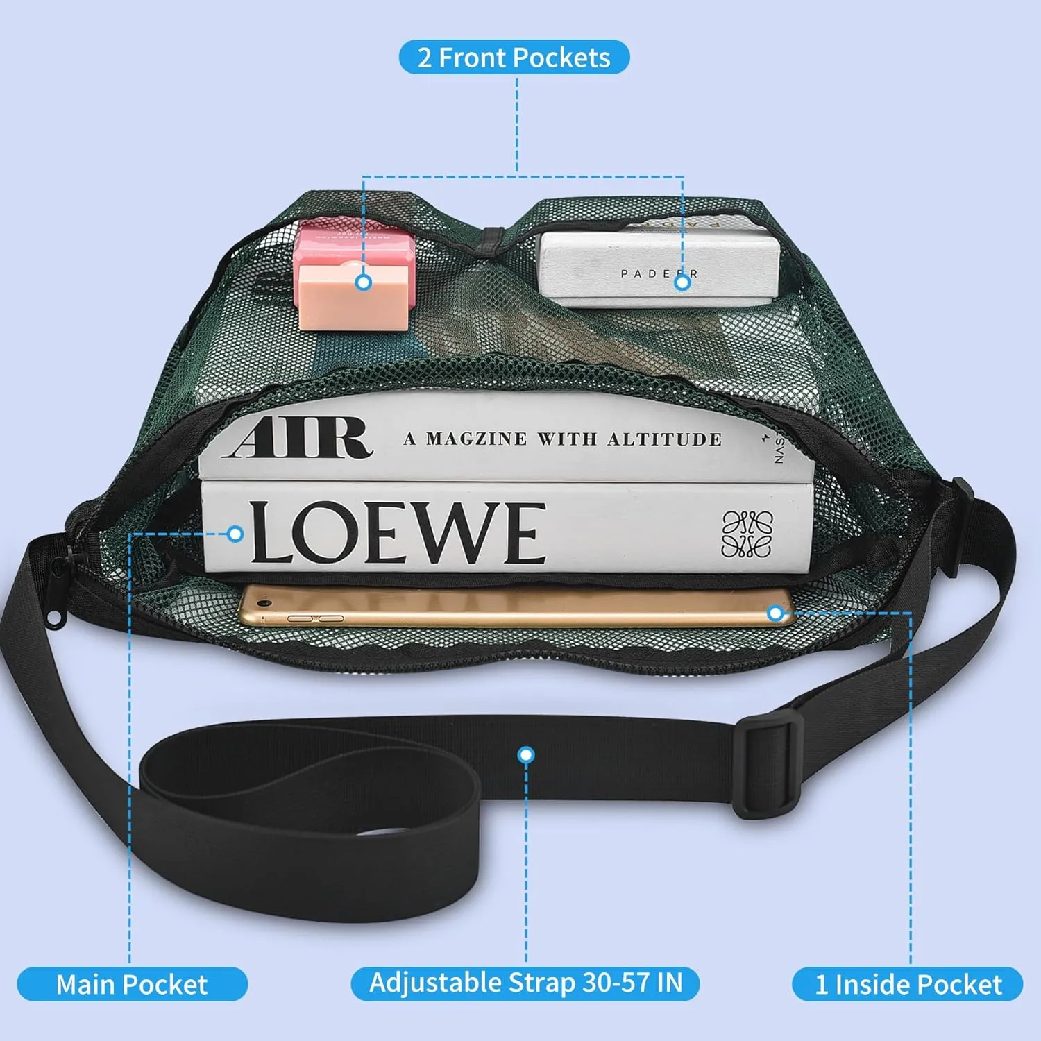 Mildbeer Gym Tote Bag, Mesh Bag Crossbody Satchel 12x6x12 for Gym Beach Ball Games Training Camping Hiking Clothes Storage