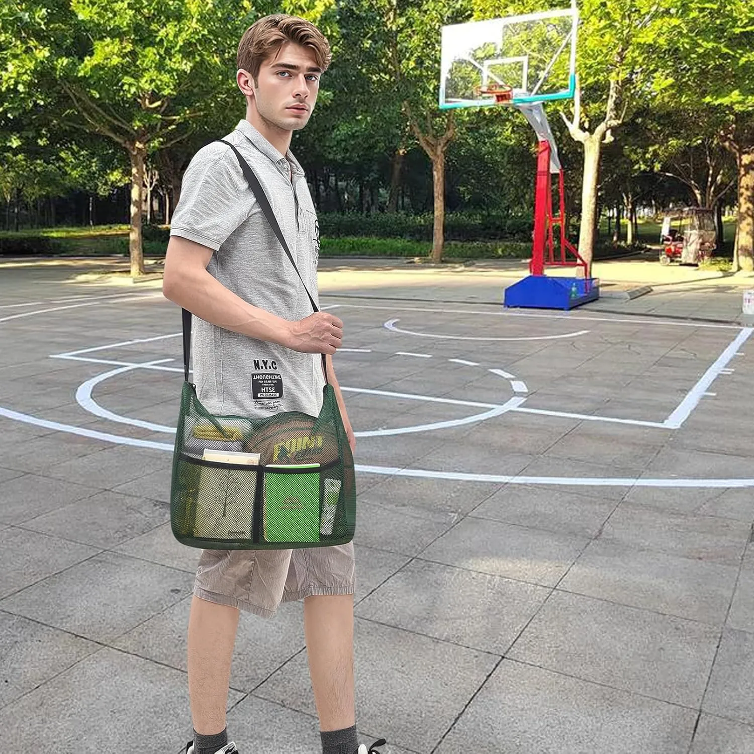 Mildbeer Gym Tote Bag, Mesh Bag Crossbody Satchel 12x6x12 for Gym Beach Ball Games Training Camping Hiking Clothes Storage