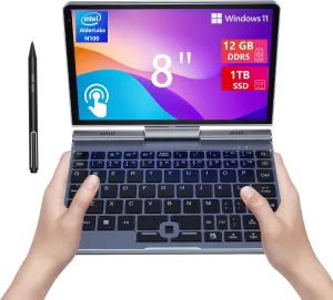 Mini Laptop 8 inch HD Touchscreen Portable 2 in 1 Computer, Windows 11 Pro Small Gaming Laptop,Intel N100 12 GB LPDDR5 1 TB M.2 SSD,WiFi 6,BT5.2 2 MP Camera,G-Sensor,HDMI,Type C
