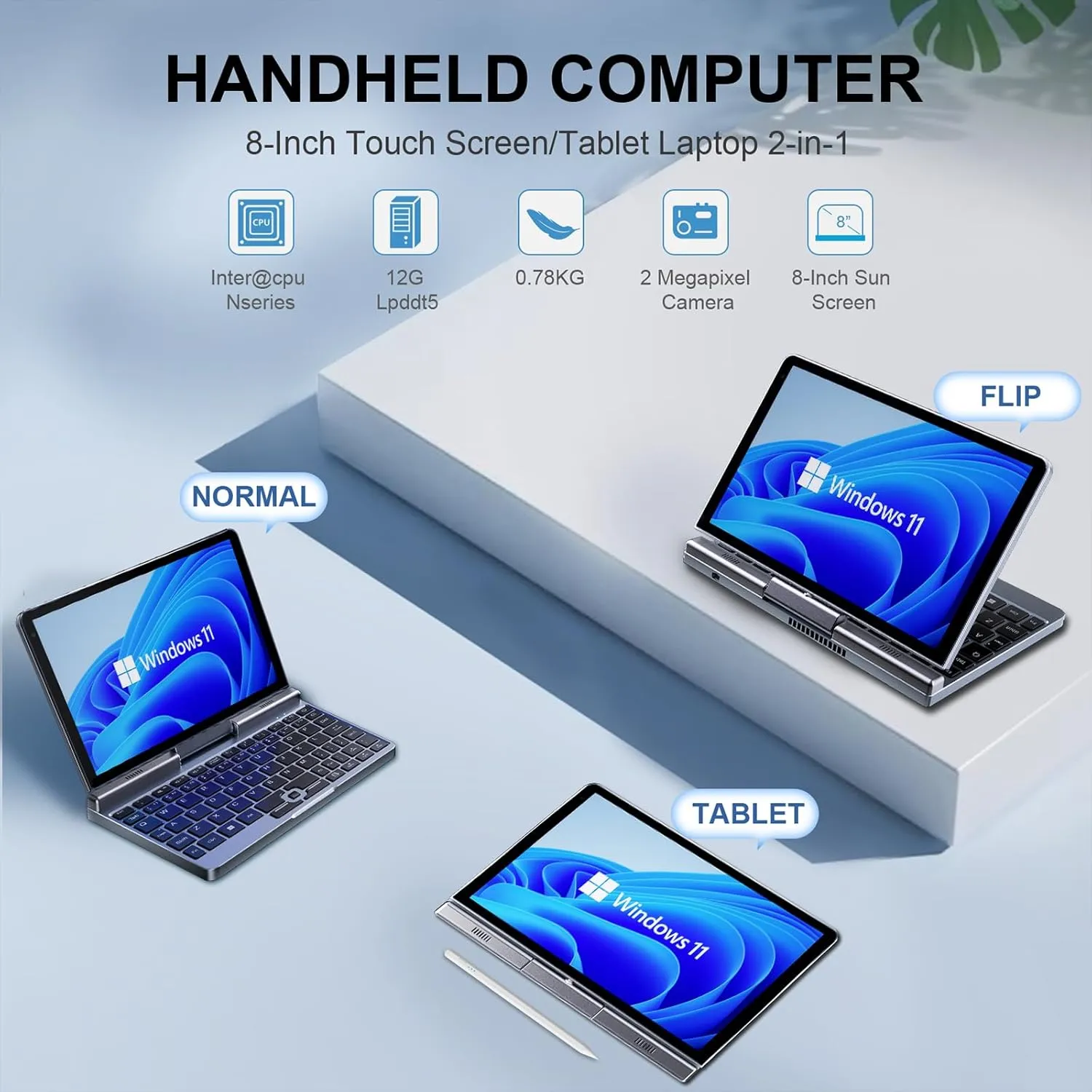 Mini Laptop 8 inch HD Touchscreen Portable 2 in 1 Computer, Windows 11 Pro Small Gaming Laptop,Intel N100 12 GB LPDDR5 1 TB M.2 SSD,WiFi 6,BT5.2 2 MP Camera,G-Sensor,HDMI,Type C