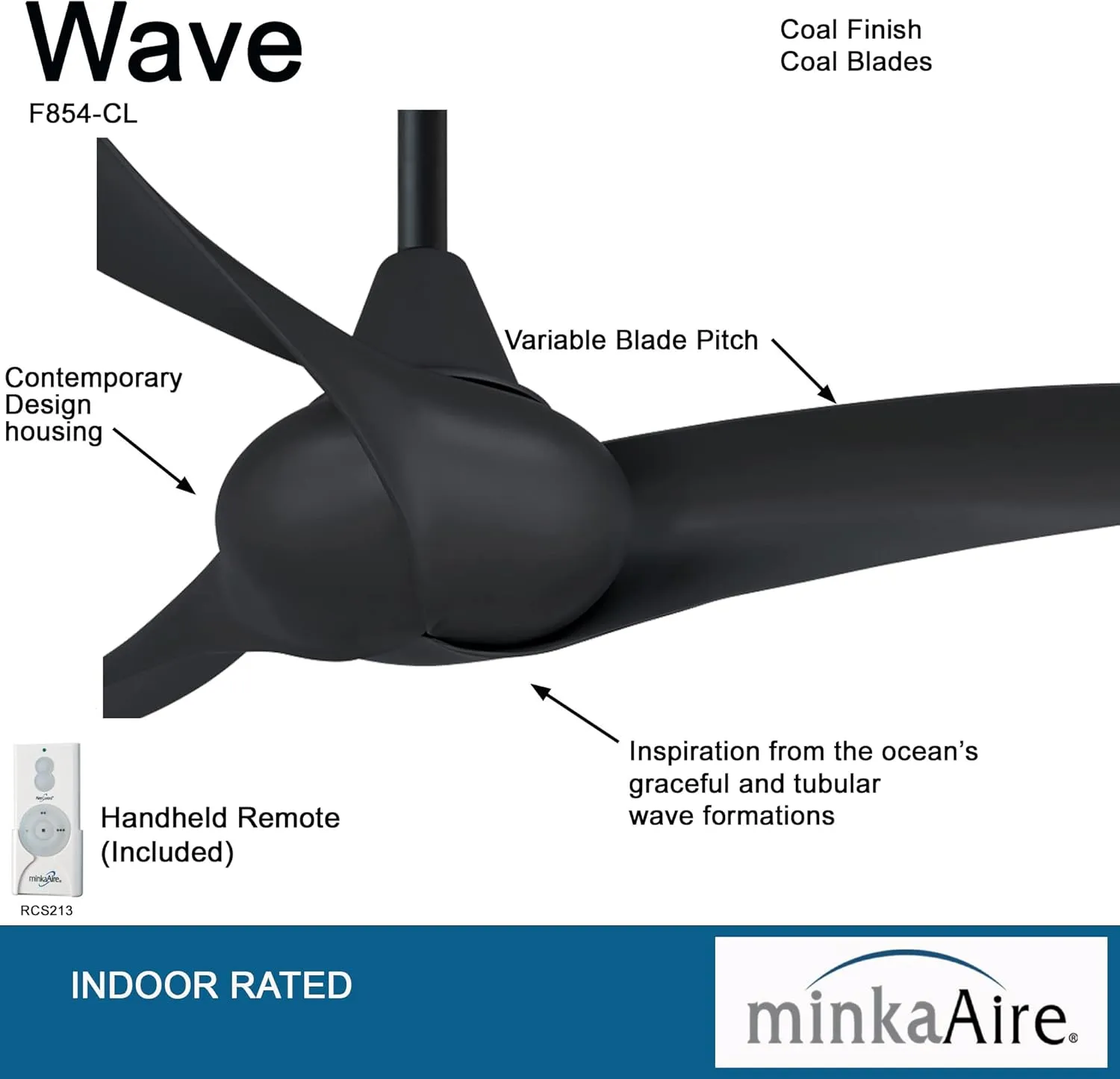 MINKA-AIRE F854-CL Wave 44" Ceiling Fan with Remote Control in Coal Finish