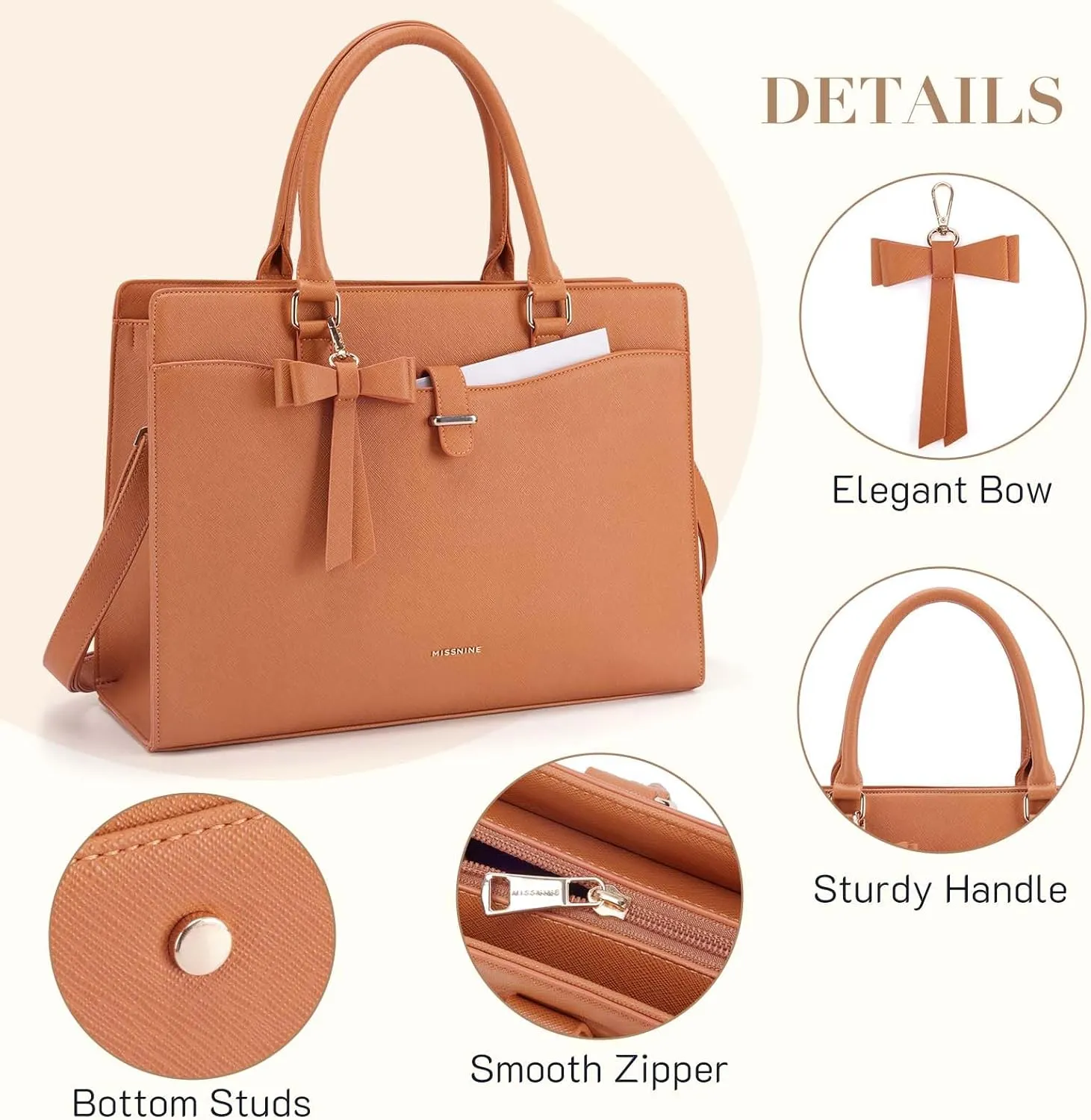 Missnine Laptop Tote Bag for Women 15.6 Inch Leather Work Bags Teacher Computer Purse Briefcase Handbag for Office, Travel