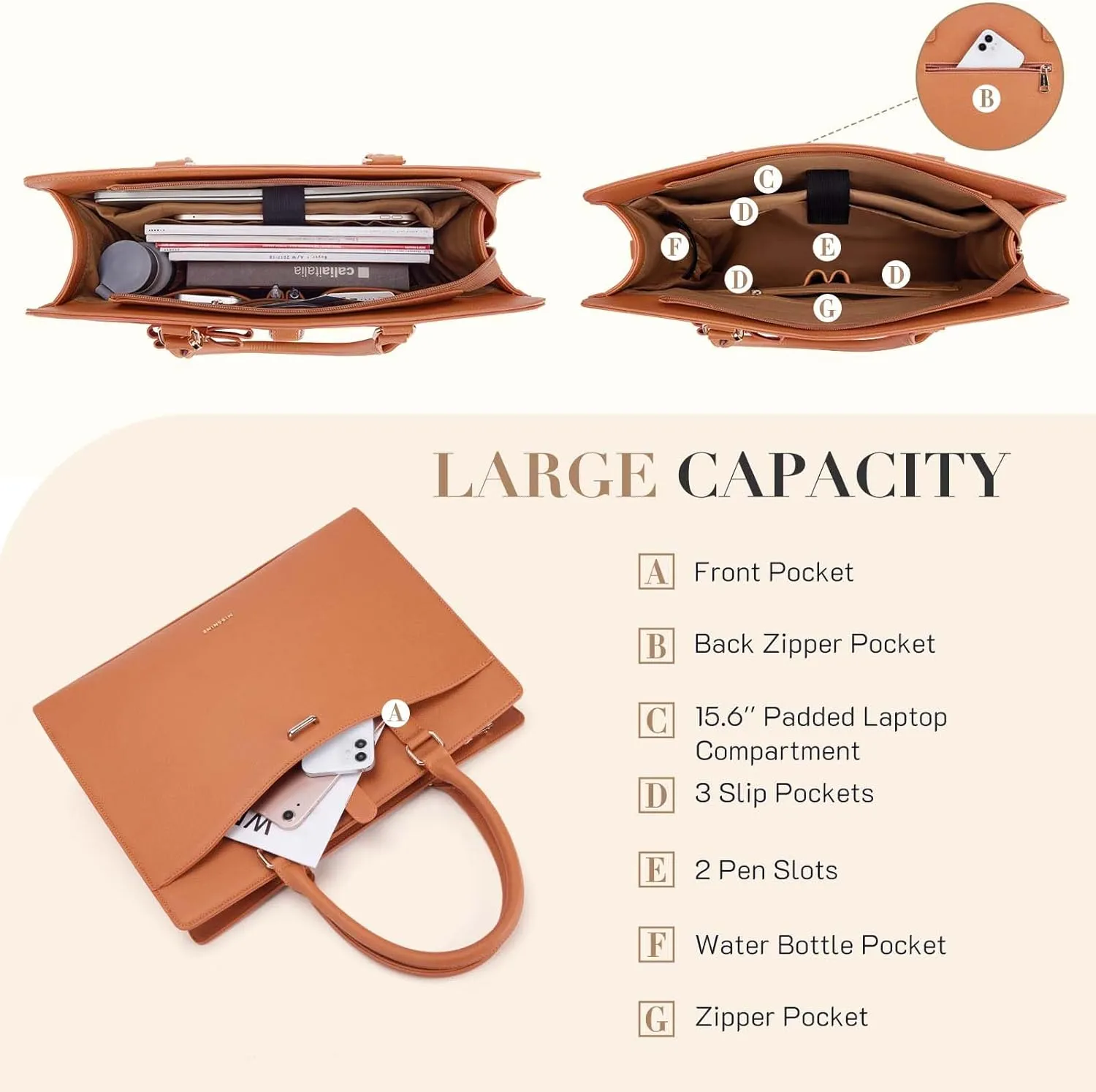 Missnine Laptop Tote Bag for Women 15.6 Inch Leather Work Bags Teacher Computer Purse Briefcase Handbag for Office, Travel