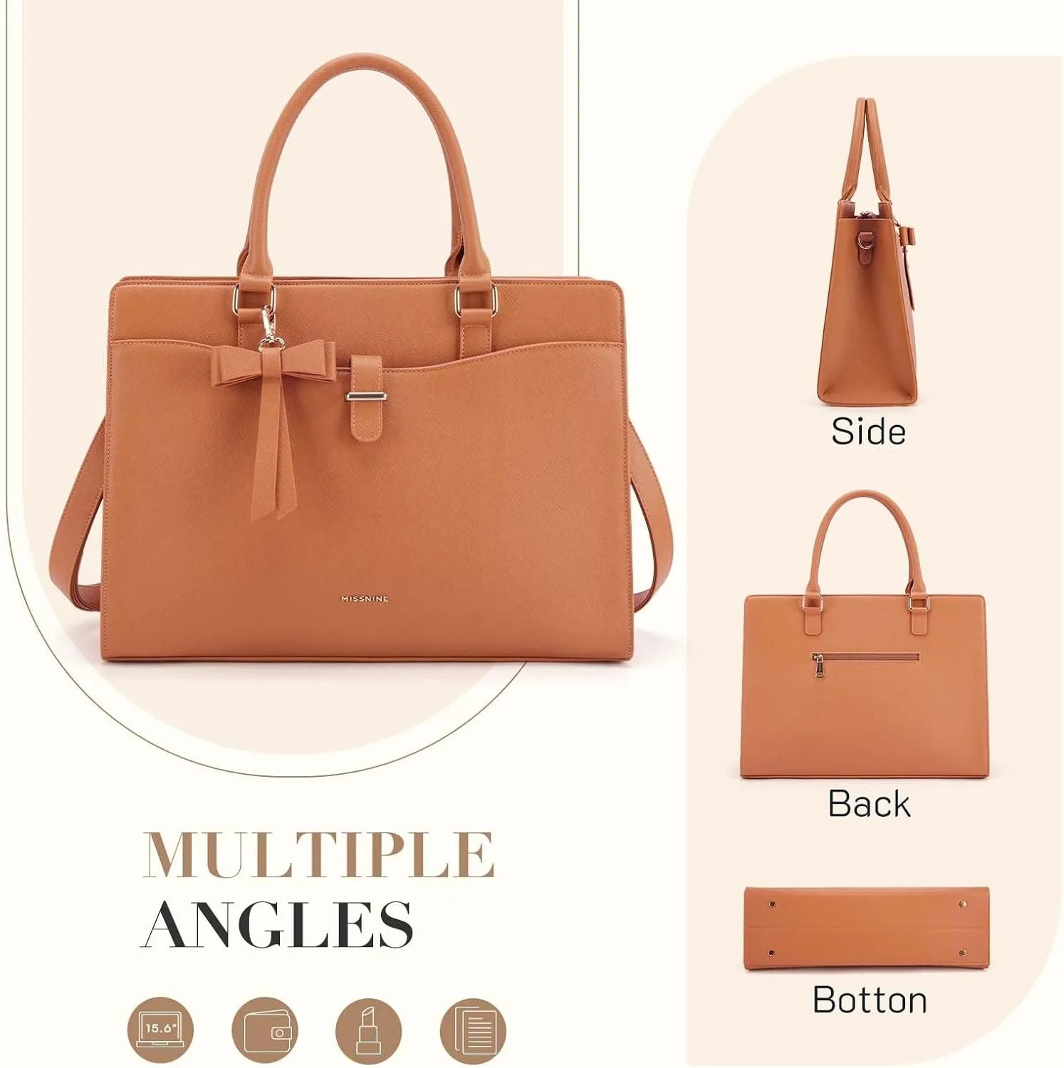 Missnine Laptop Tote Bag for Women 15.6 Inch Leather Work Bags Teacher Computer Purse Briefcase Handbag for Office, Travel